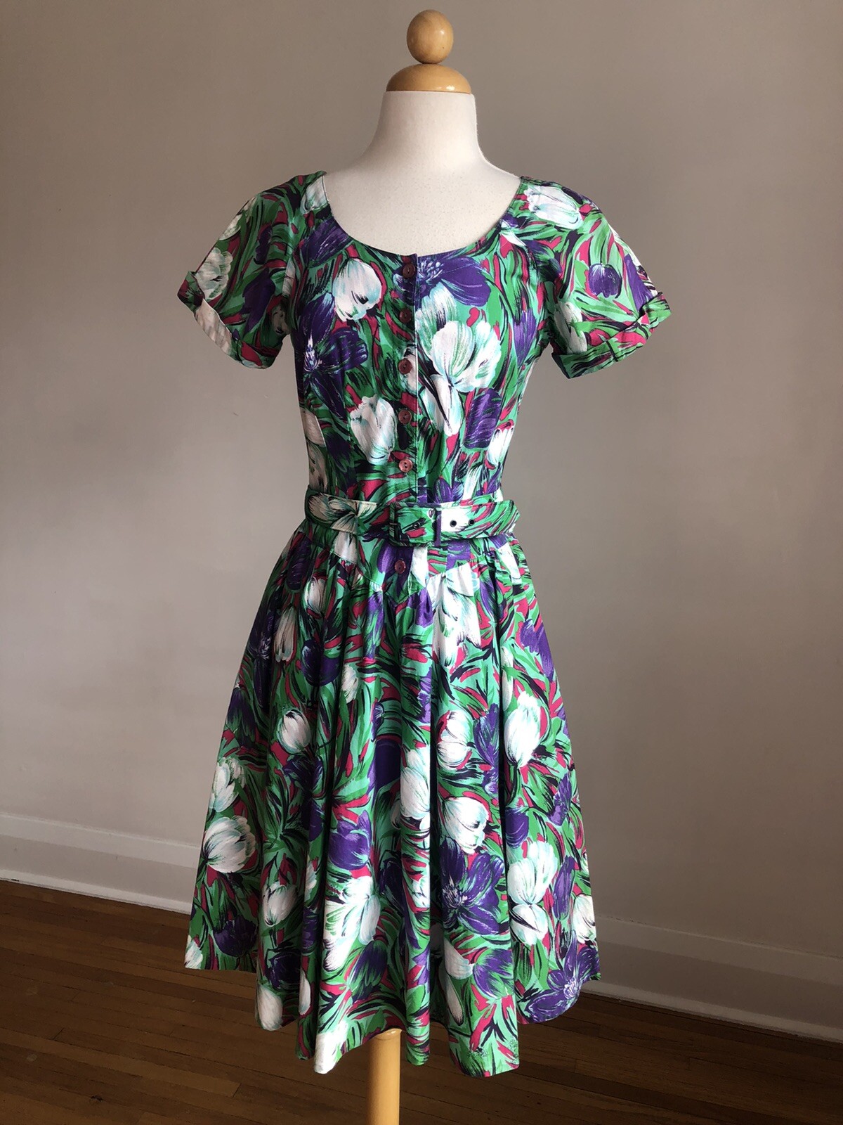STUNNING VTG S.L. PETITES Floral 100% Cotton Belted Dress SZ XS/S