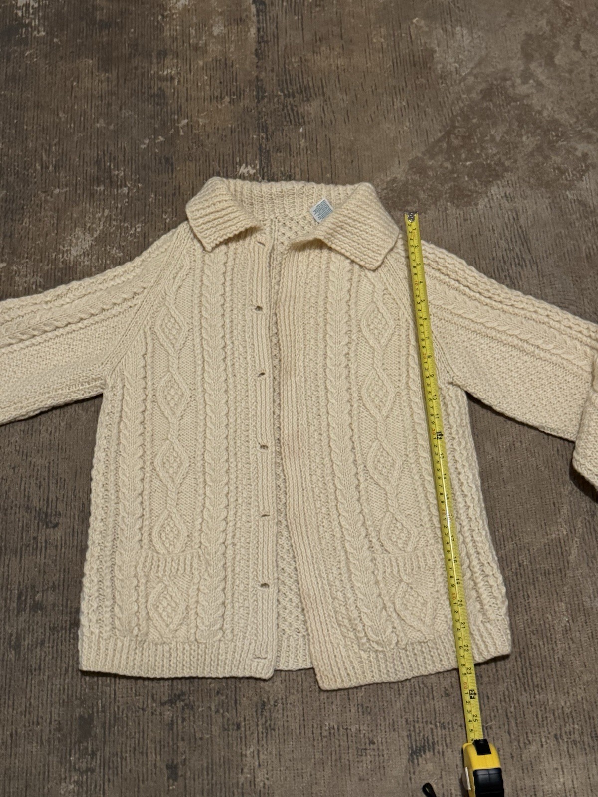 Vintage Una O’Neill Aran Handknits Wool Cardigan Sweater Irish Cream White