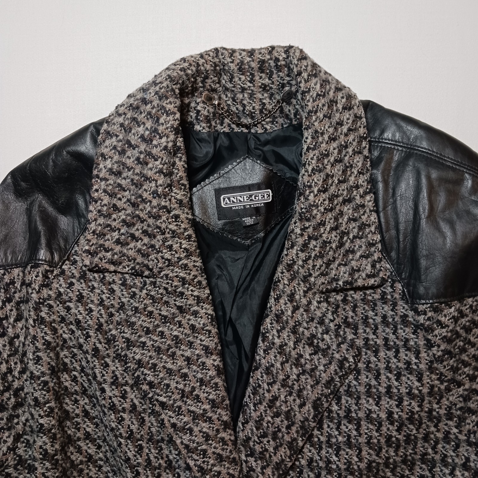 Vintage 80s Anne-Gee Womens Wool Leather Coat Large 11/12 Brown Tweed