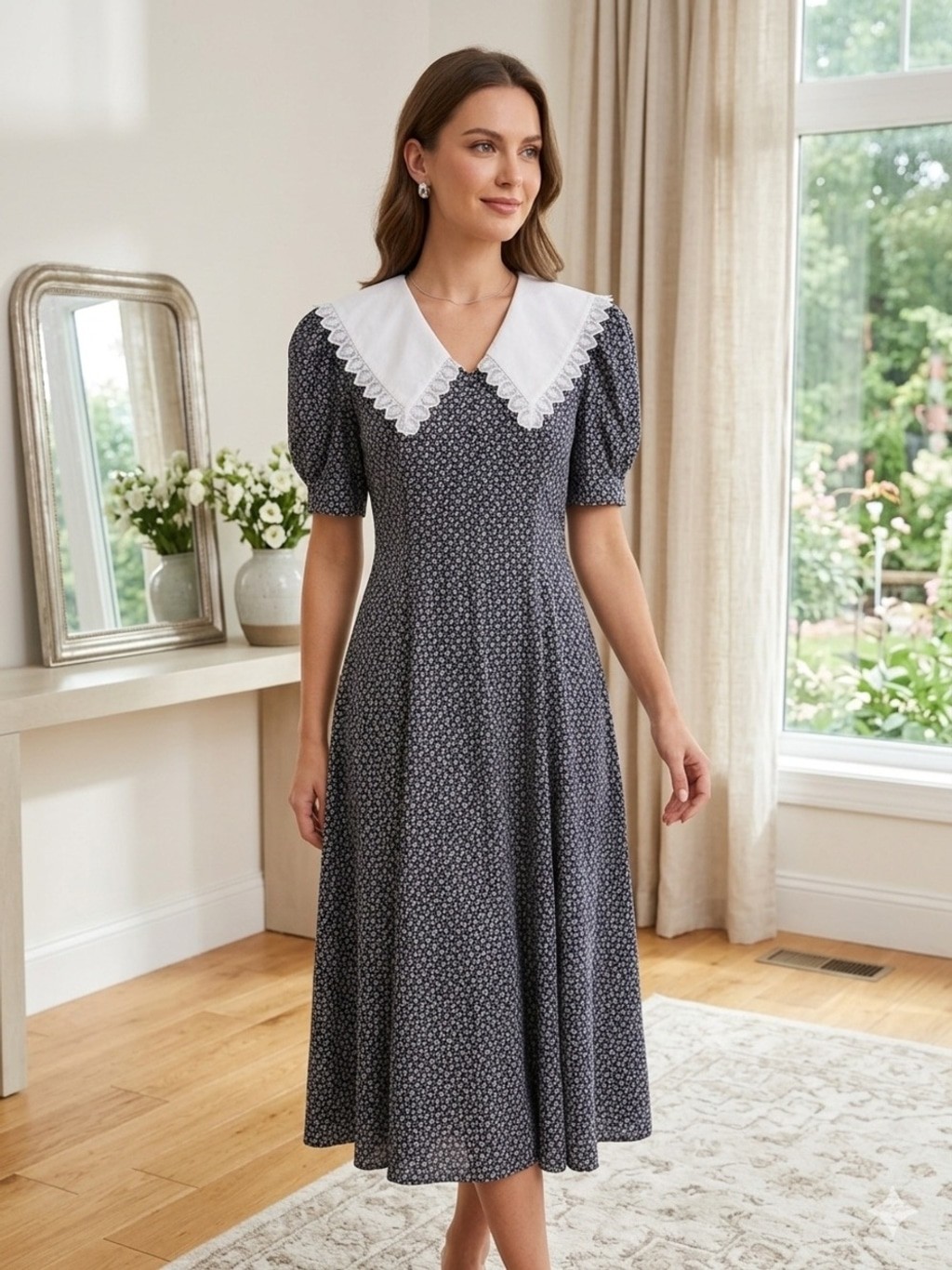 Vintage 90s Handmade Floral Cottagecore Midi Dress – White Lace Peter Pan Collar