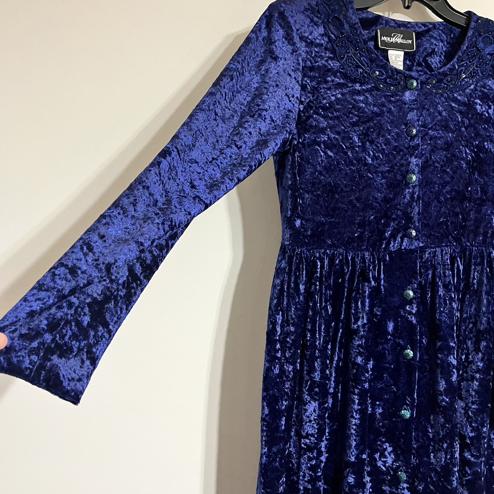 90s Vintage Molly Malloy Dress Women’s Size 8 Midi Length Blue Crushed Velvet