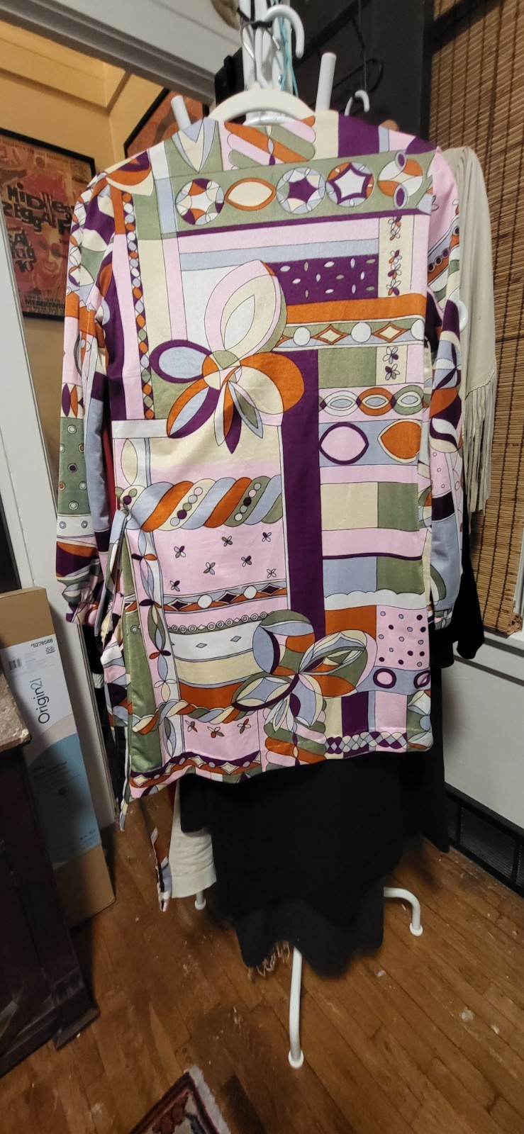 Vintage 1970 MOD Geometric Vibrant Multicolor V Neck & Sash Tunic Mini Dress 12