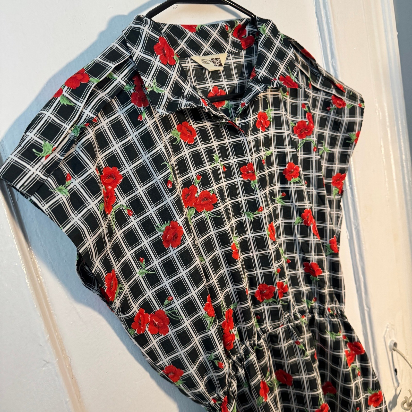 Vtg 1970s Sears The Fashion Place Plaid Poppy Floral Midi Black Red Maximalist