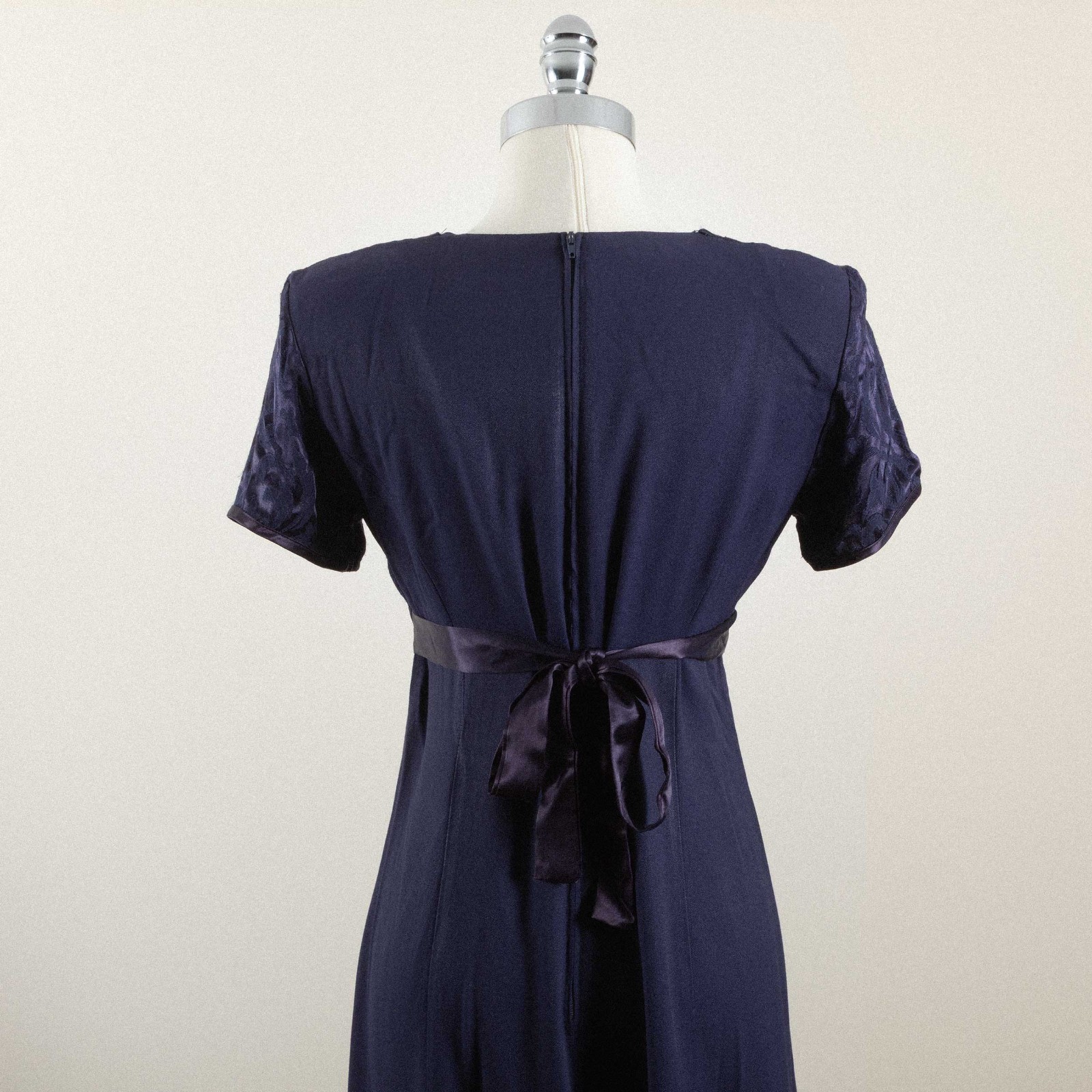 VTG 90s Be Smart Damask Maxi Dress 5/6 Navy Blue Crepe Empire Waist Prom Formal