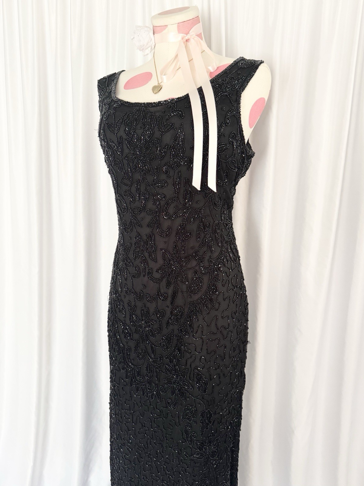 Vintage 90s Black Beaded Fairy Formal Gown Dress Maxi Evening Prom Silk XL