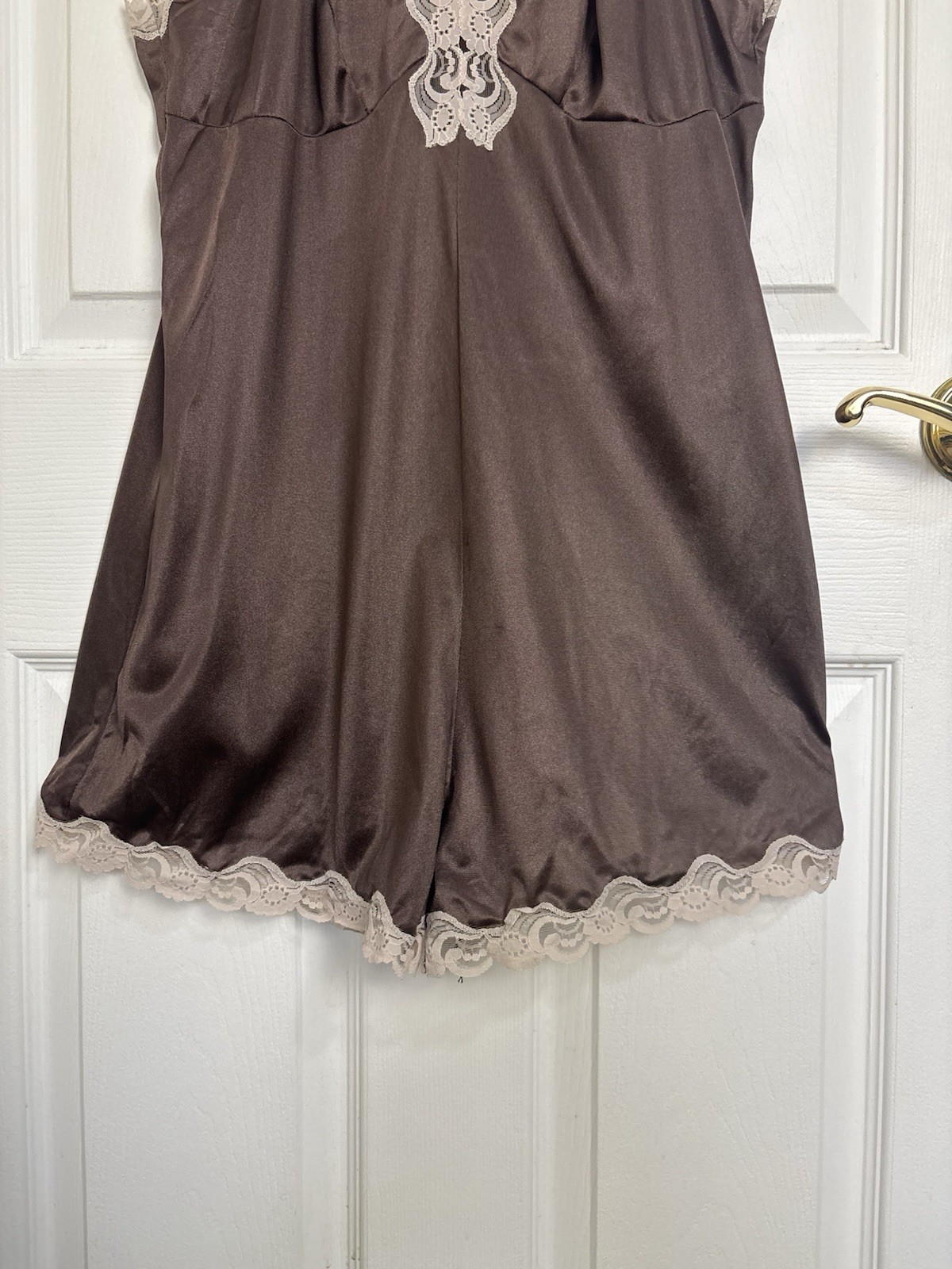 Vtg 70s 80s Chocolate Brown Lace Trim Teddy Romper Lingerie 38 Nylon USA