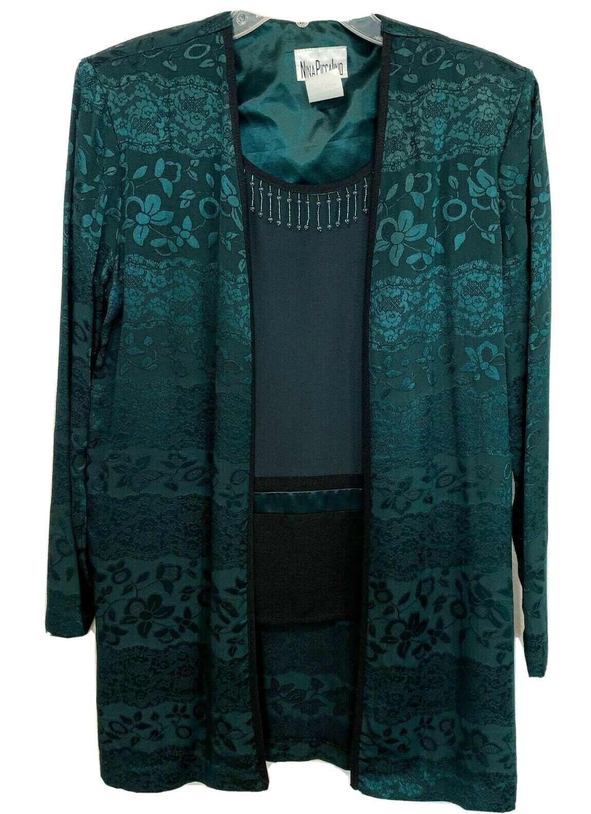 VTG Nina Piccalino Jacket w/ Attach Tank Top Black Green Jacquard USA Made Sz 8