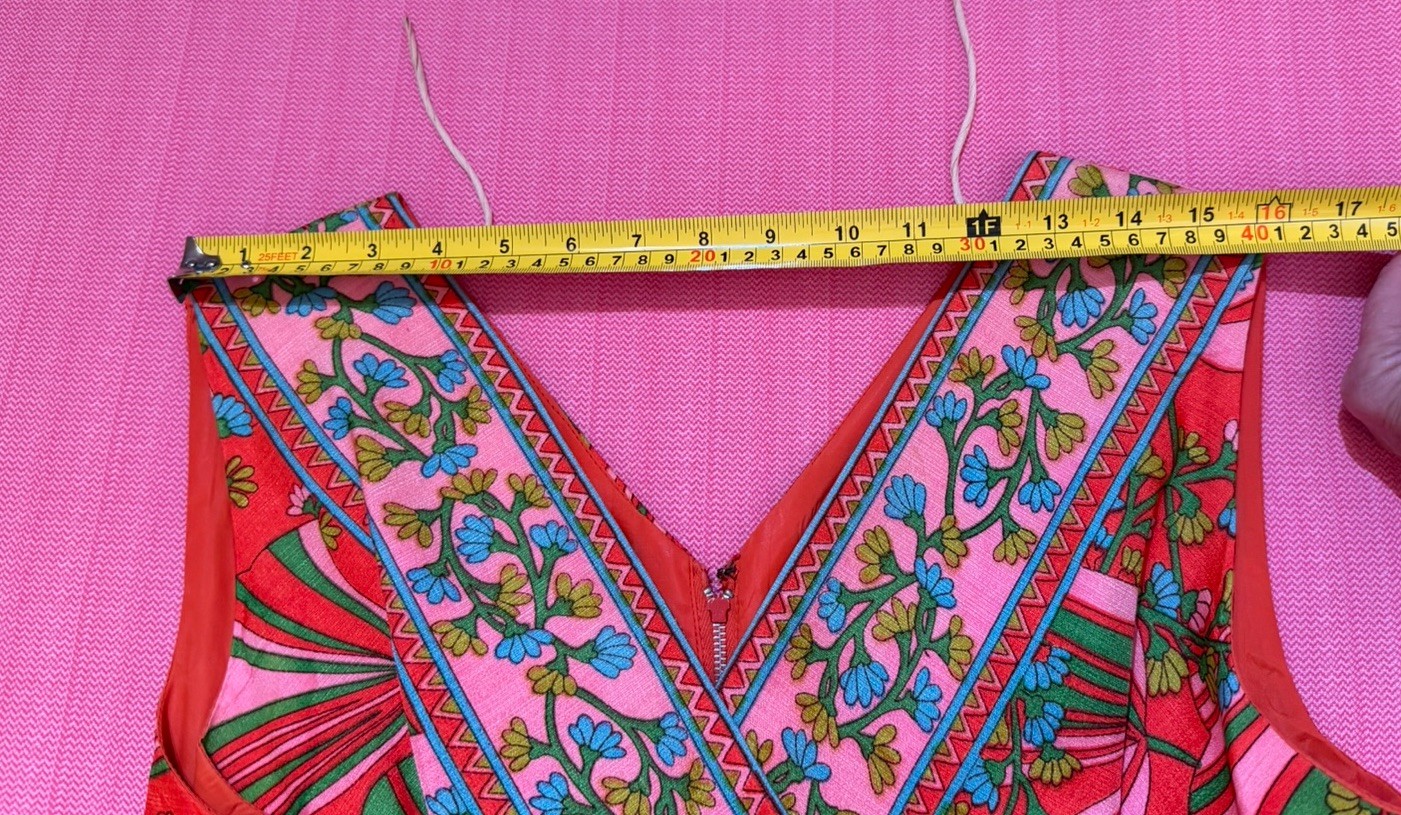 VTG 70’s Vibrant Maxi Evening Mod Print Orange/Pink/Multicolor Gown-18/Large