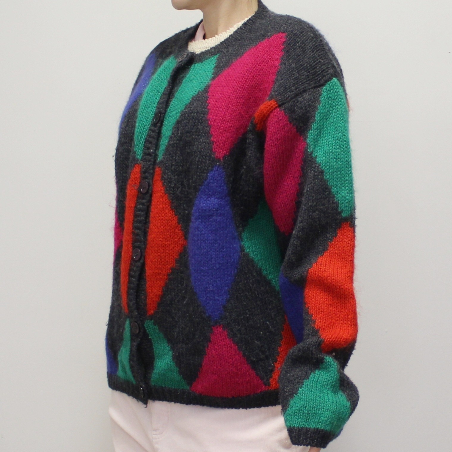 Vintage 90s Wool/Mohair/Acrylic Harlequin Jester Print Cardigan by Cappagallo