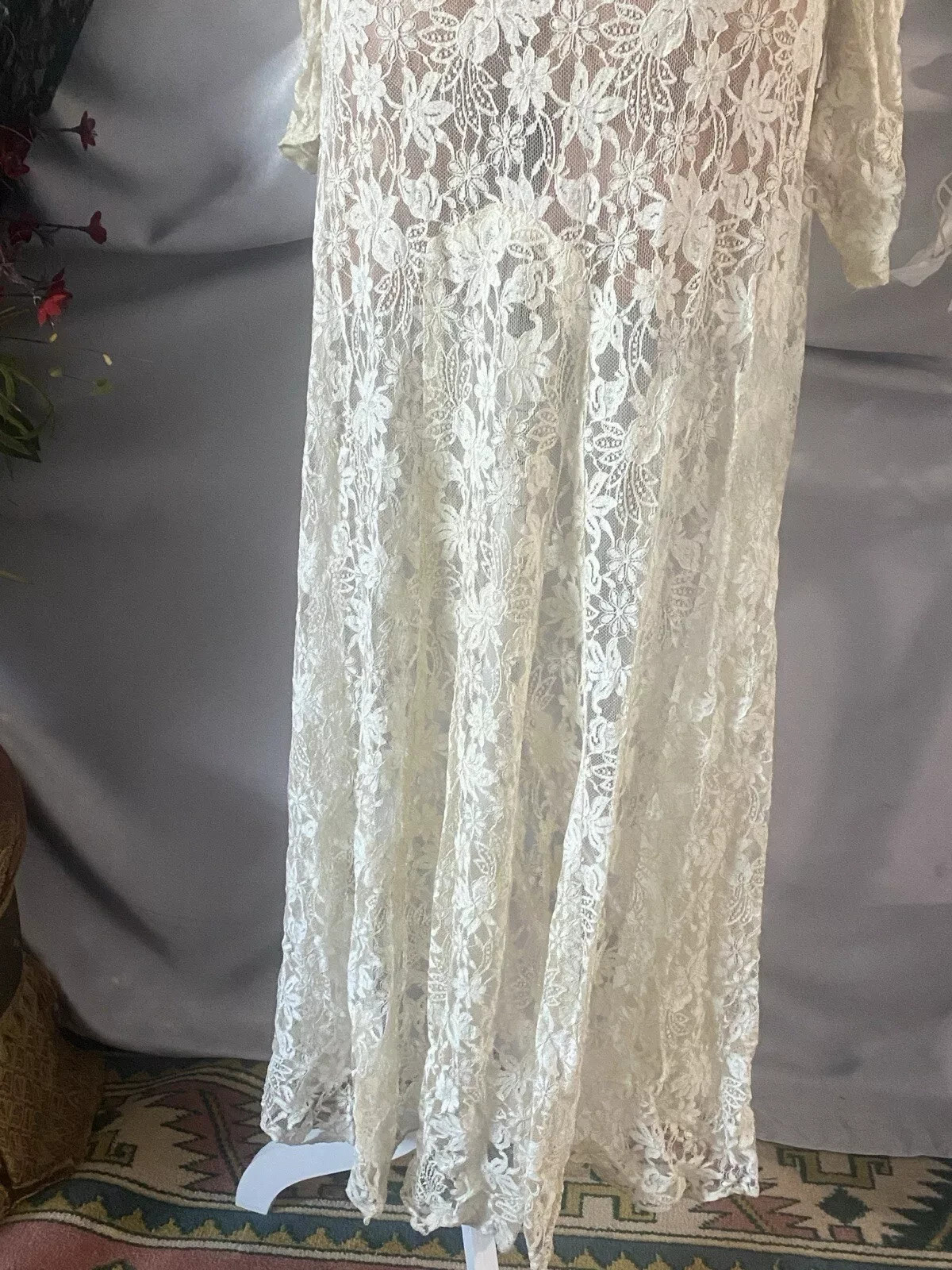 VTG 1920s LACE Lame Dress HOLLYWOOD SHEER MOVIESTAR MAXI DUSTER DRESS PEARL LILY