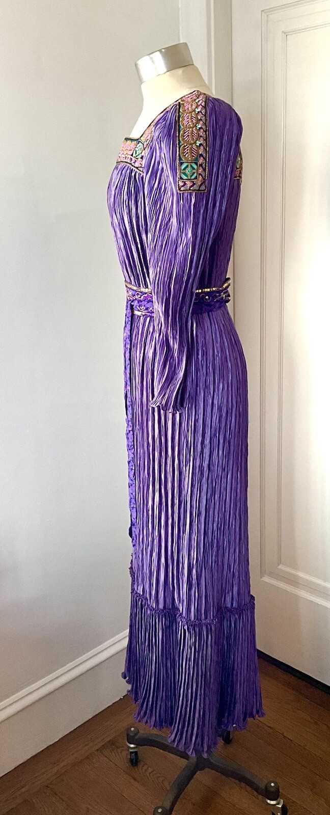 Vintage Early 80’s Mary McFadden Purple Pleated Gown Dress w/ Sash