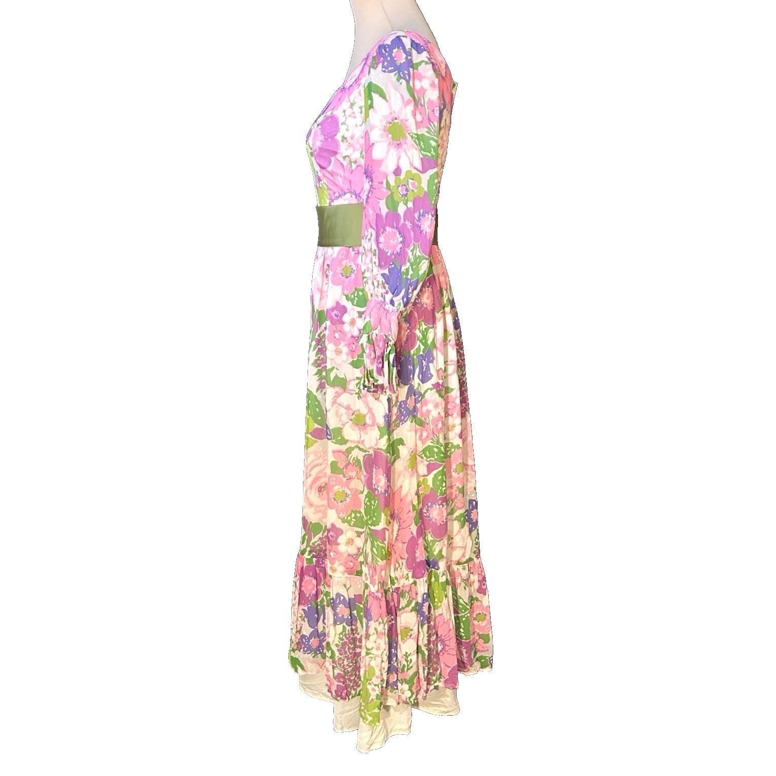 Vintage 70s Fairycore Vibrant Floral Dress Sheer Juliet Sleeves Velvet Sash USA