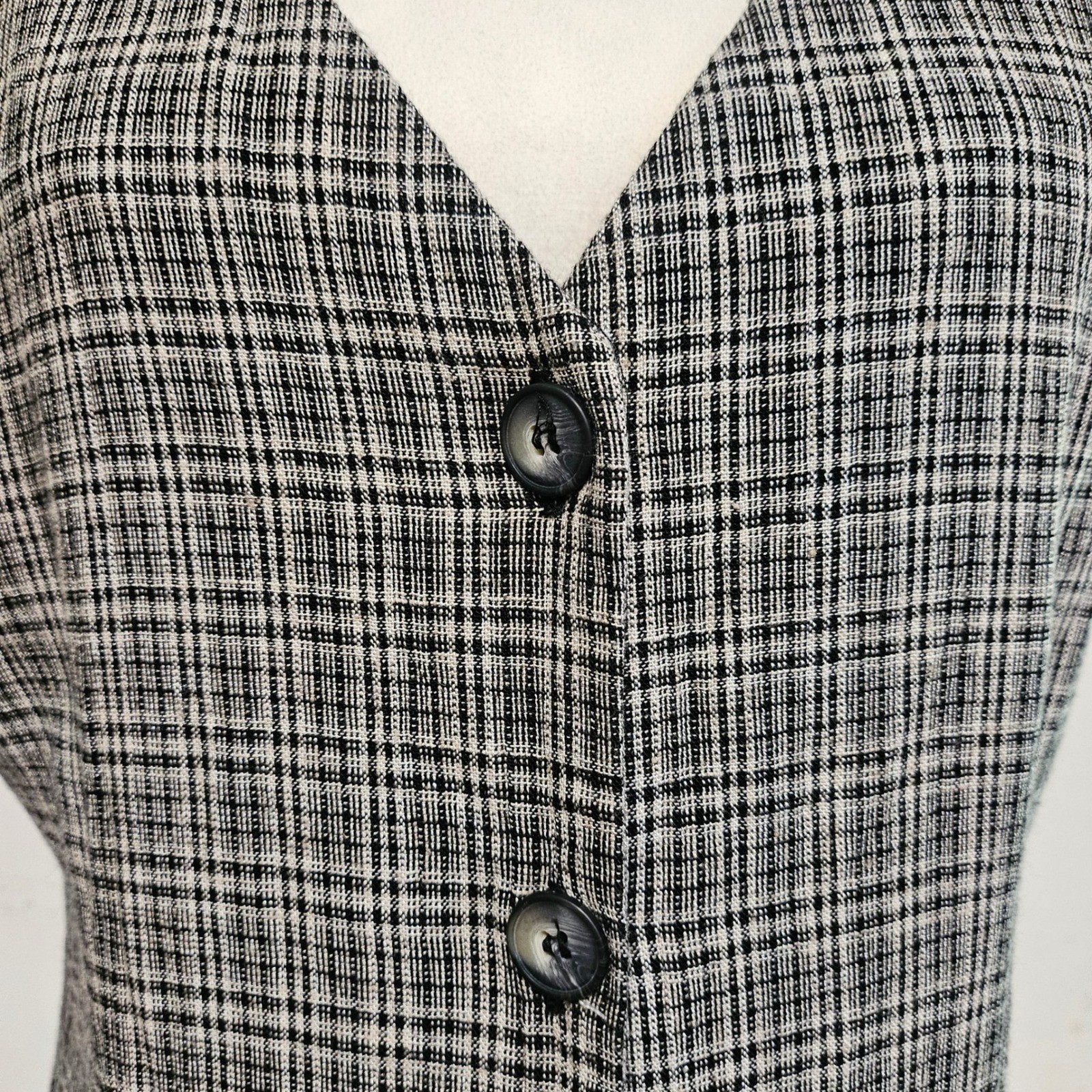 Vintage 80s Black Gray Plaid Button Front Tie-Back Dress Size 14 Preppy Academia