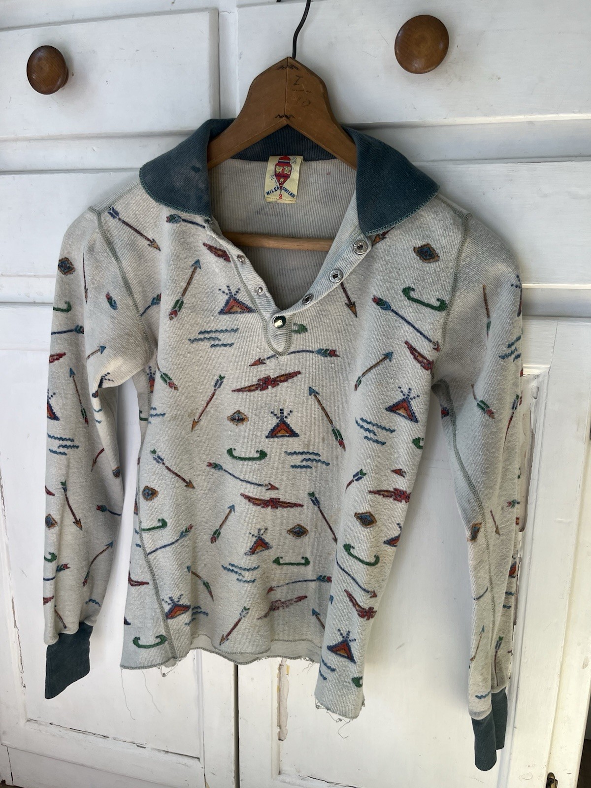 Vintage 60s Cowboy Western Native American Camp Long Sleeve Thermal T Shirt XS