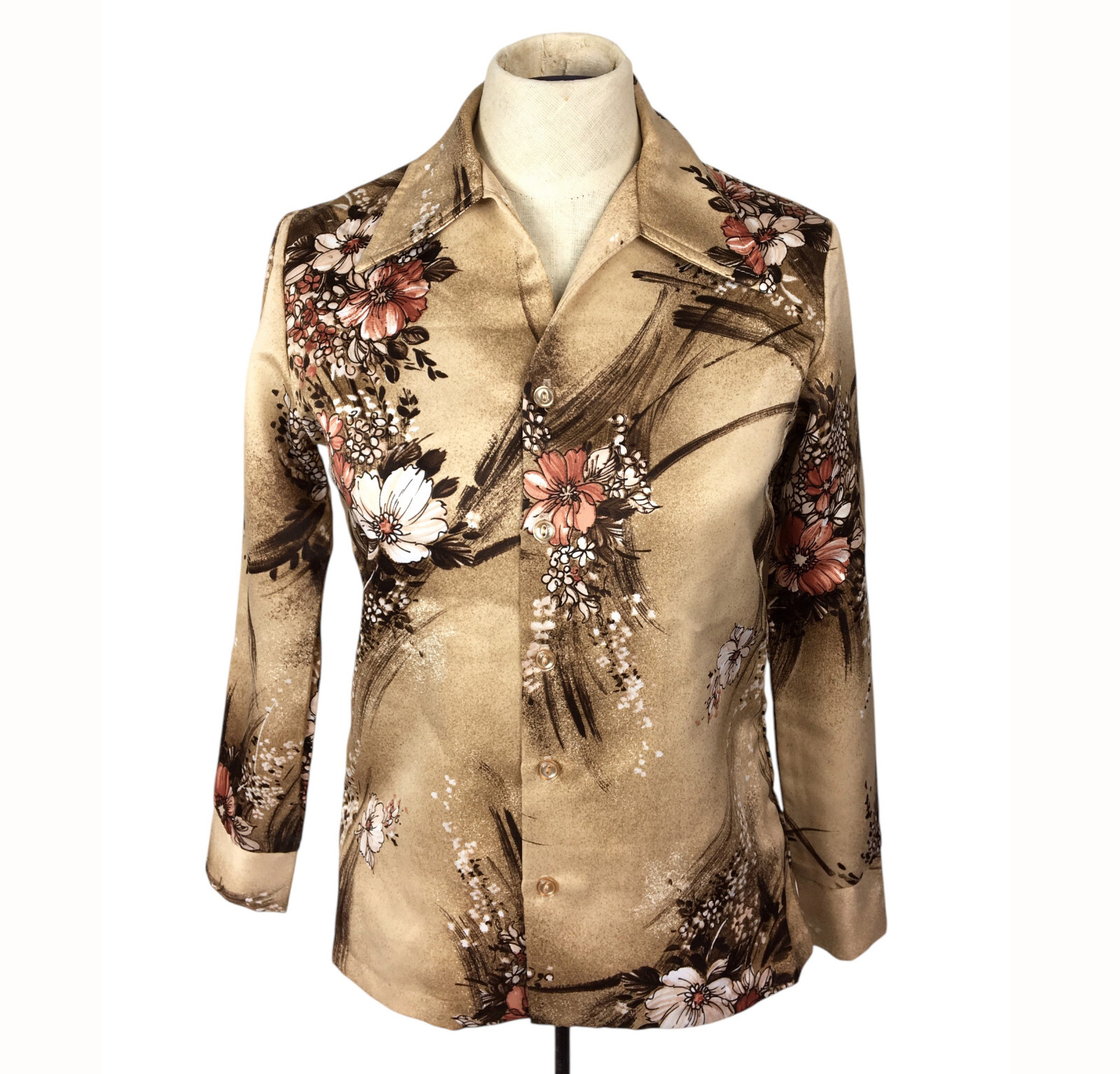 Vintage 70s Floral Disco Top Tan Brown Pointy Collar Polyester Button XXS-XS