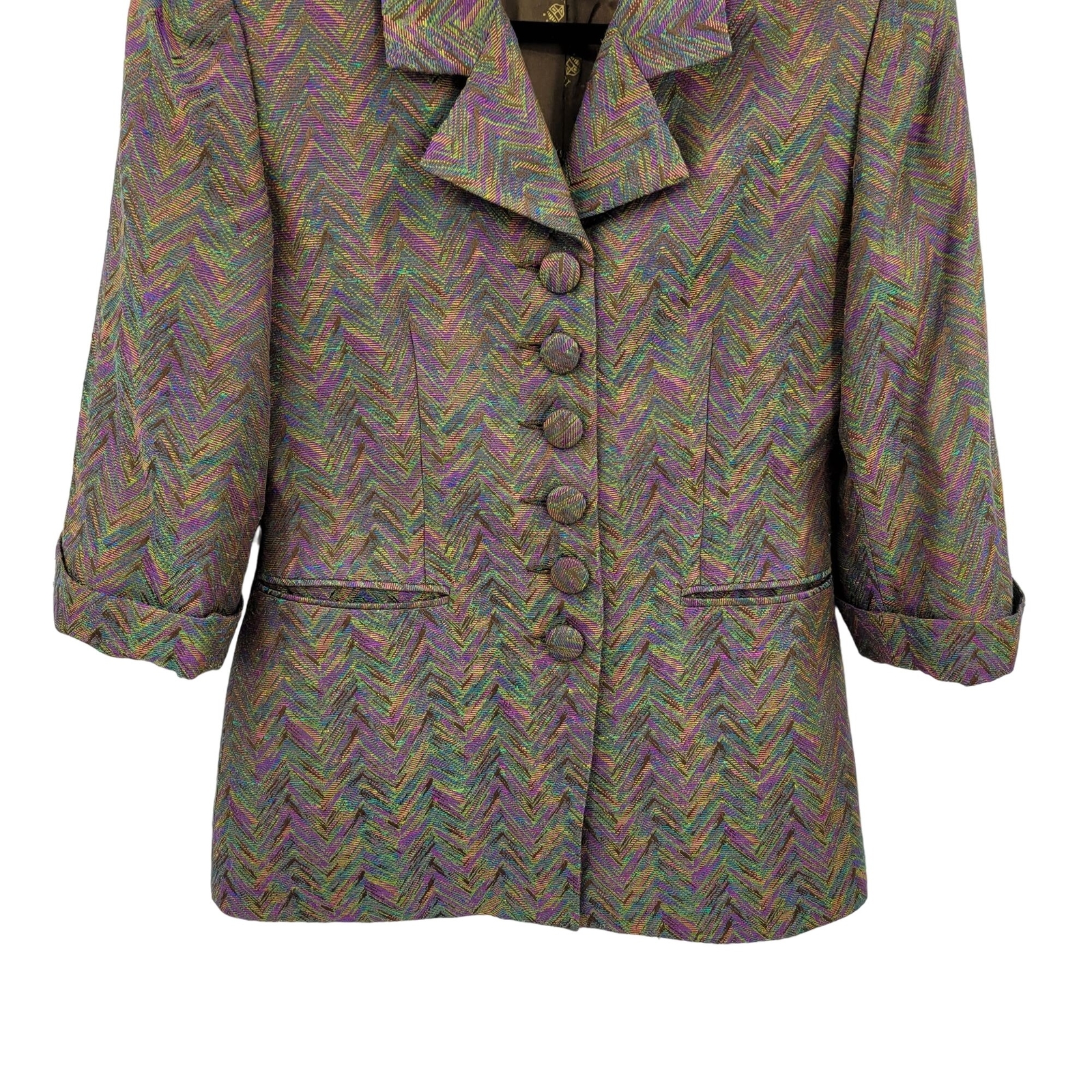 Womens 80’s Power Suit 8 Skirt Set Rainbow Chevron Psychedelic Twill Button