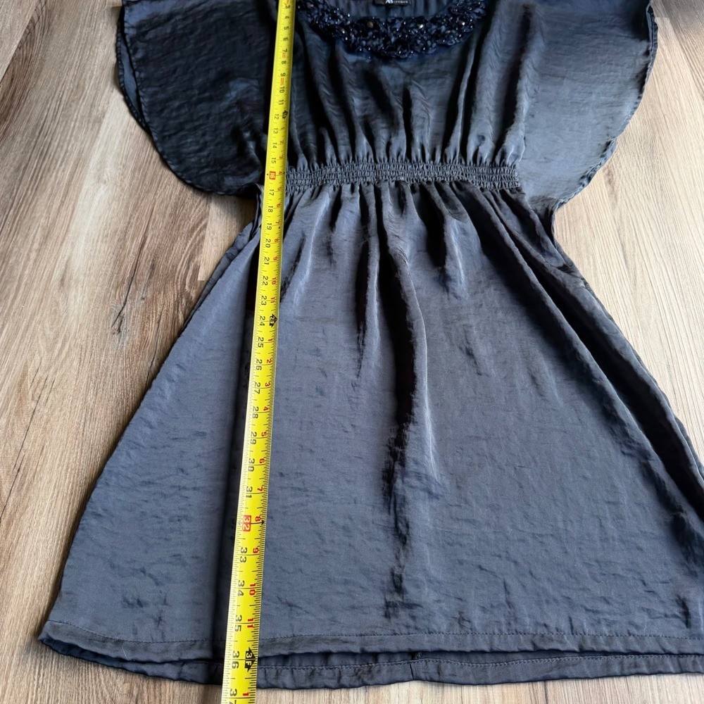 Y2K AB Studio Satin Charcoal Gray Floral Neckline Dolman Sleeve Dress 6
