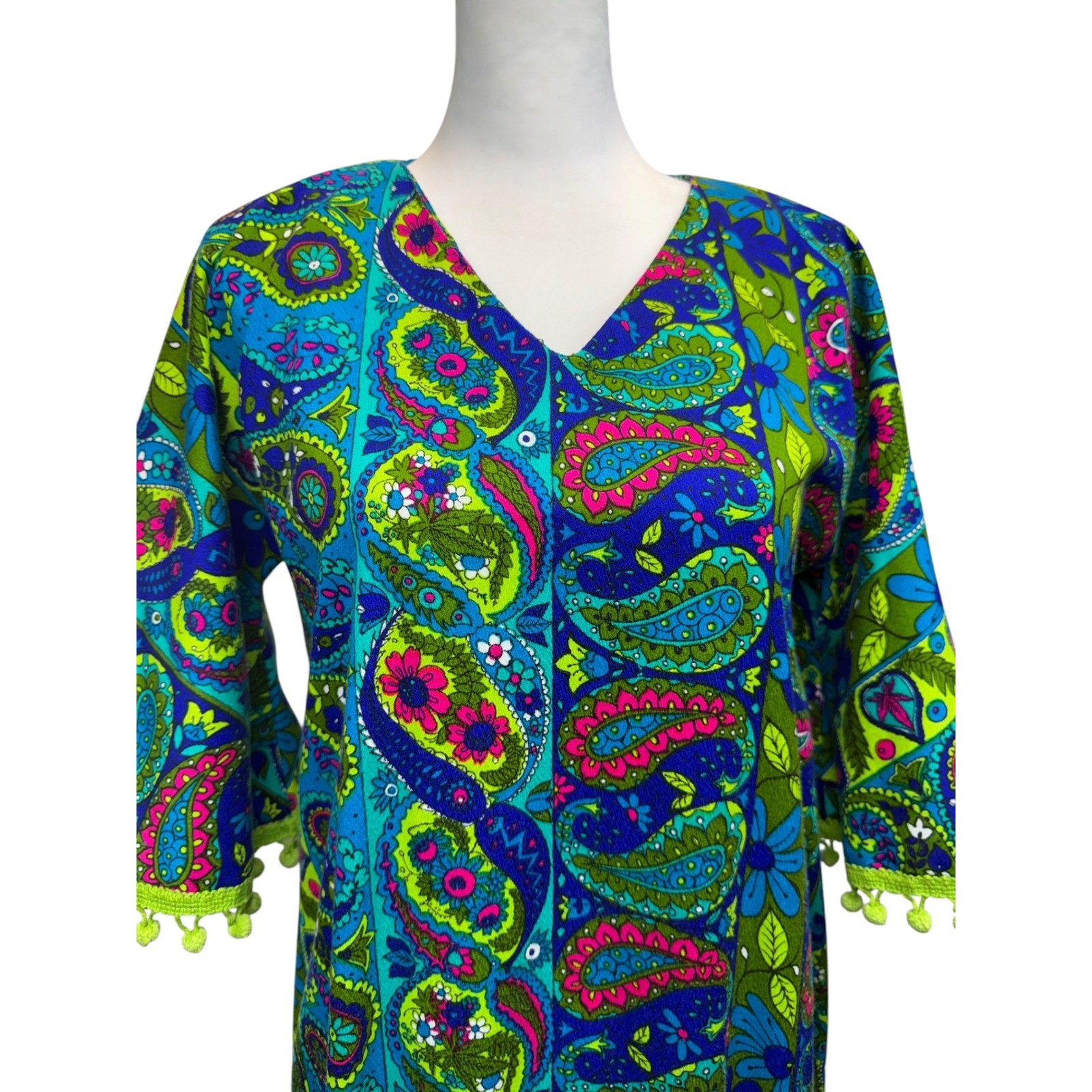 Vintage 60s Psychedelic Paisley Maxi Kaftan Dress Size S Blue Green Pom Pom Trim