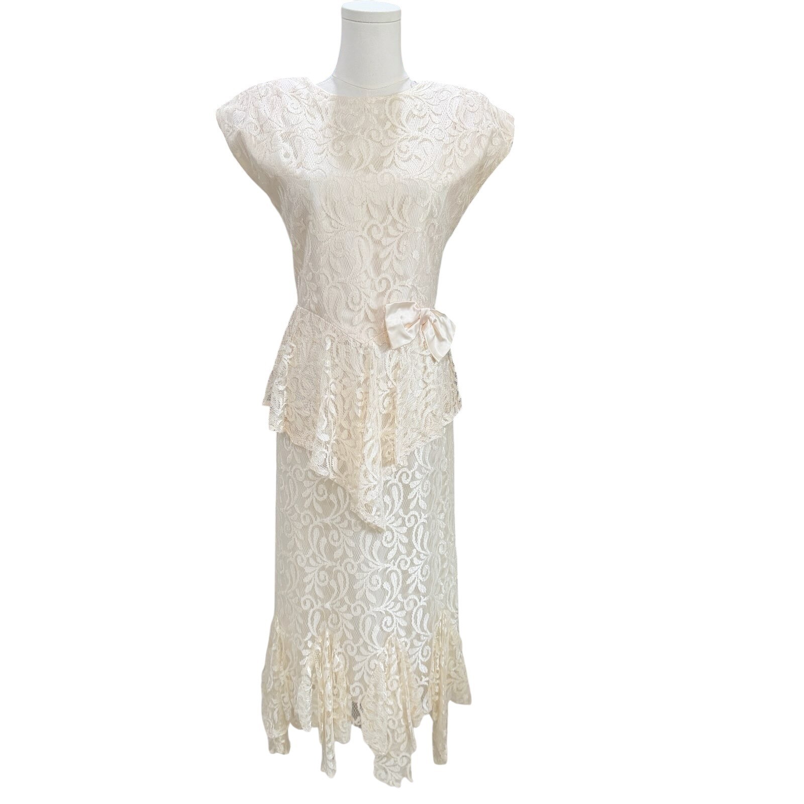 Vintage Zum Zum Lace Peplum Midi Dress Ivory Cream Bow Handkerchief Hem Bridal