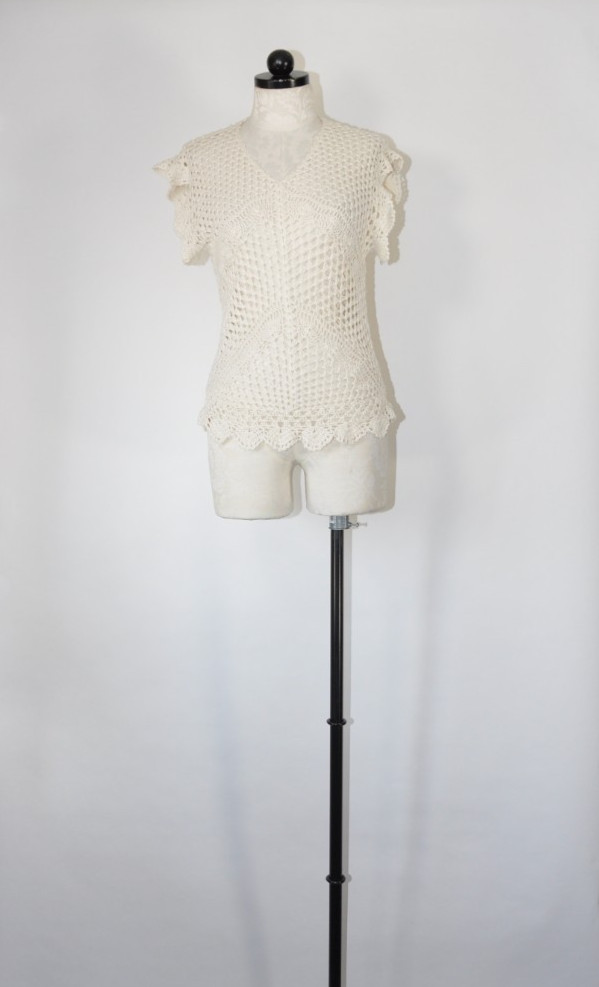 70s Cream Crochet Bohemian Knit Tank Top Sleeveless Pullover Sweater Women S M