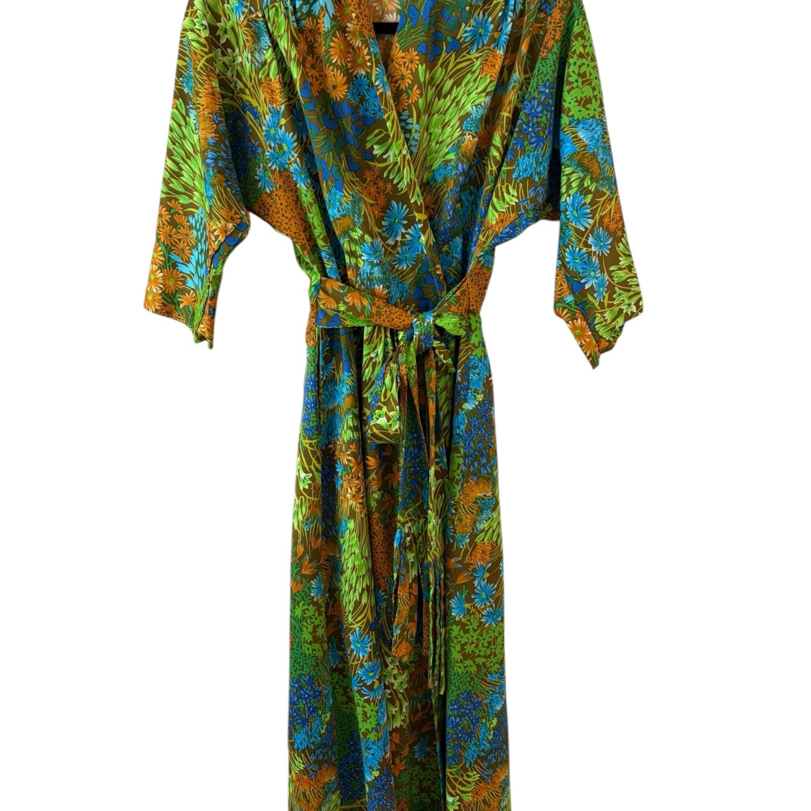 1960s vintage Linda of California wrap maxi dress in green, rust, teal, neutrals