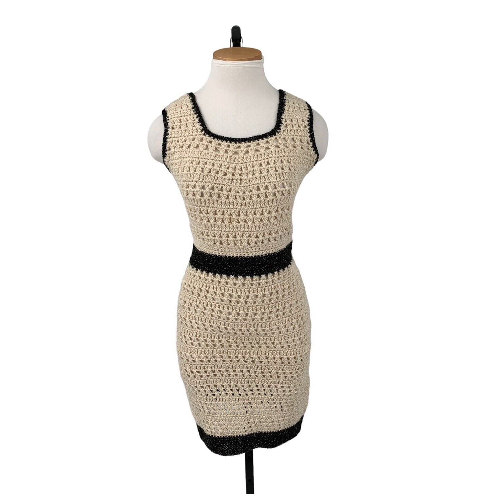 Vintage 70s Crochet Mini Dress Womens Small Hand Knit Woodstock Hippie Festival