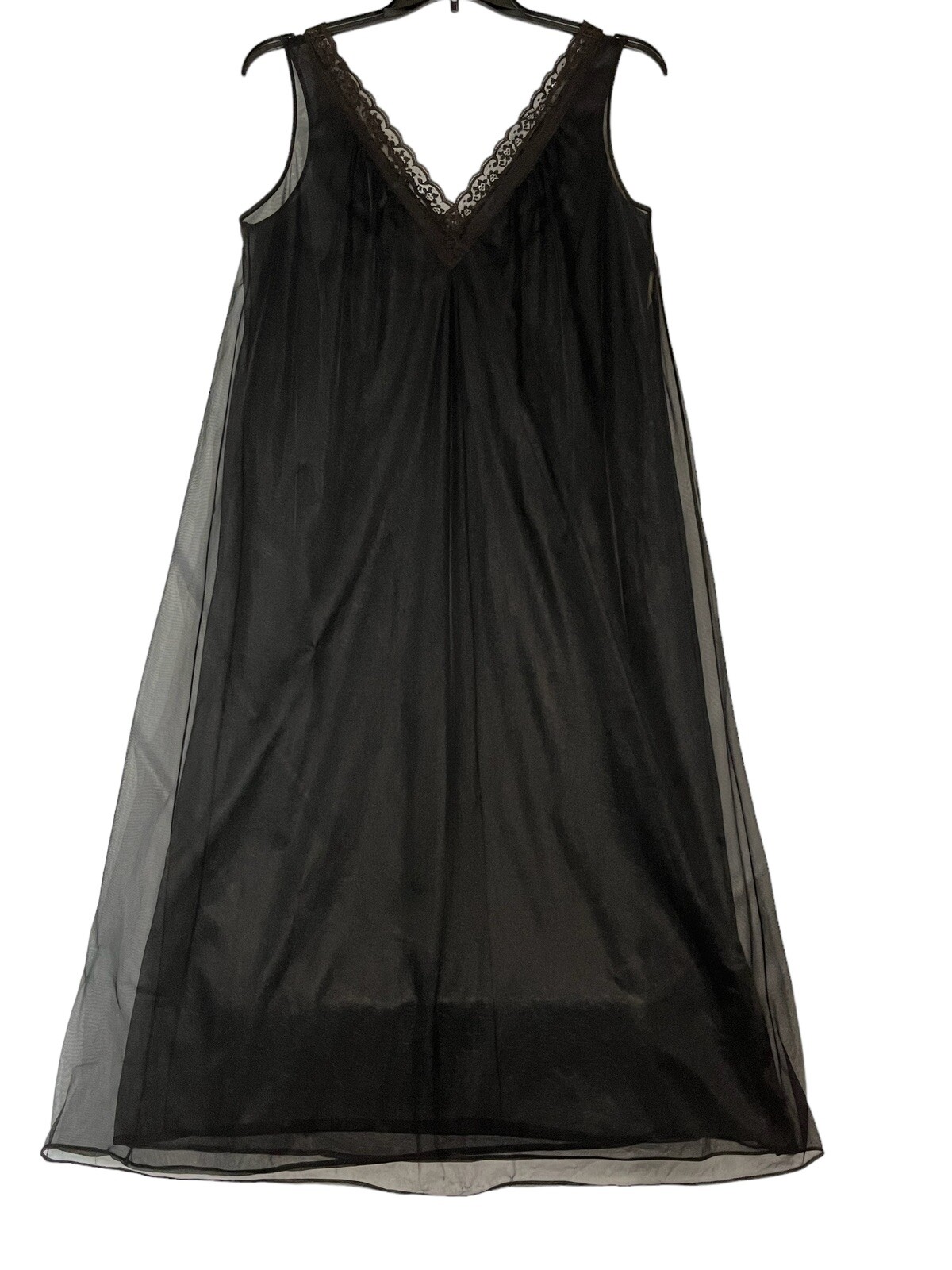 Vintage Lisette Gown Double Black Chiffon Nylon Long Lingerie V Neck Lace Medium