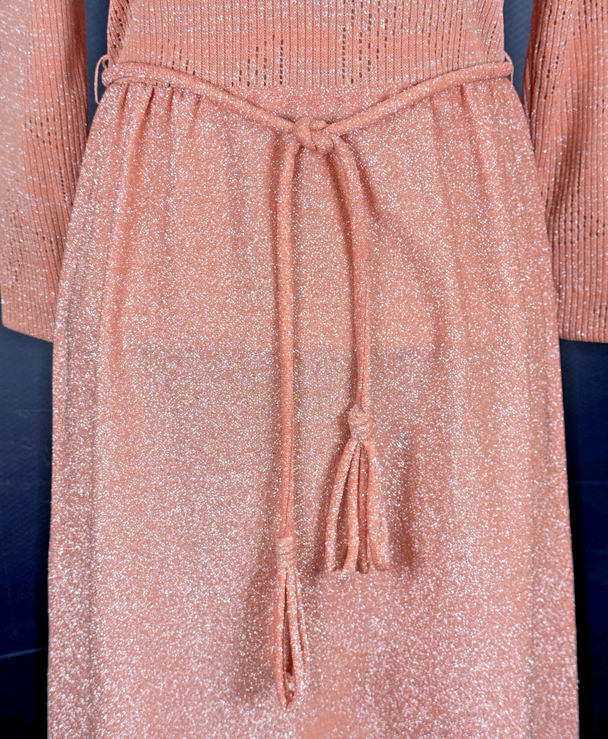 VTG 60s Bleeker Street Hostess SMALL Mod Dress Textured Poly Knit Sparkly w Belt