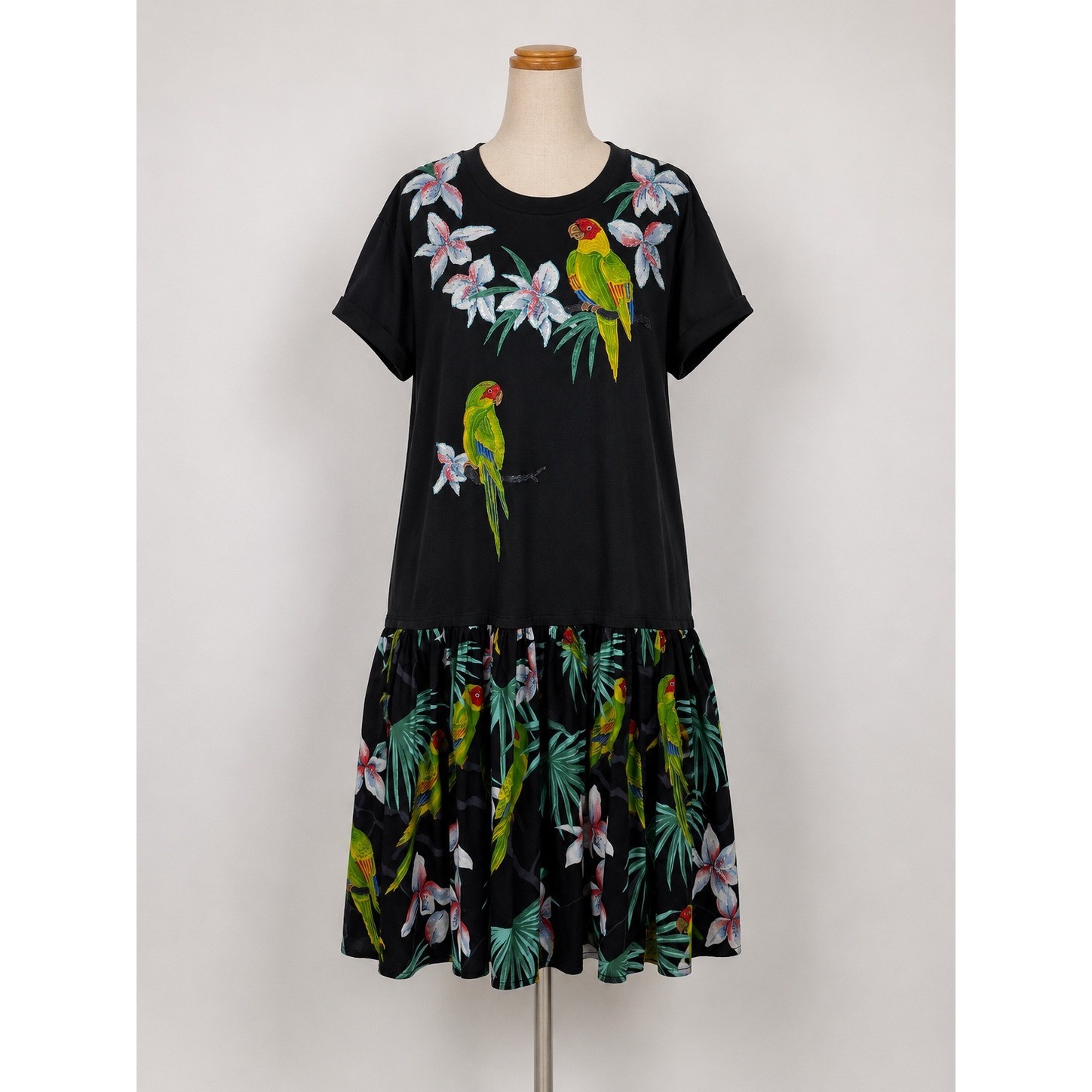 Vintage Jerzees Tropical Wearable Art Parrot Glitter T-Shirt Dress Black XXL 90s