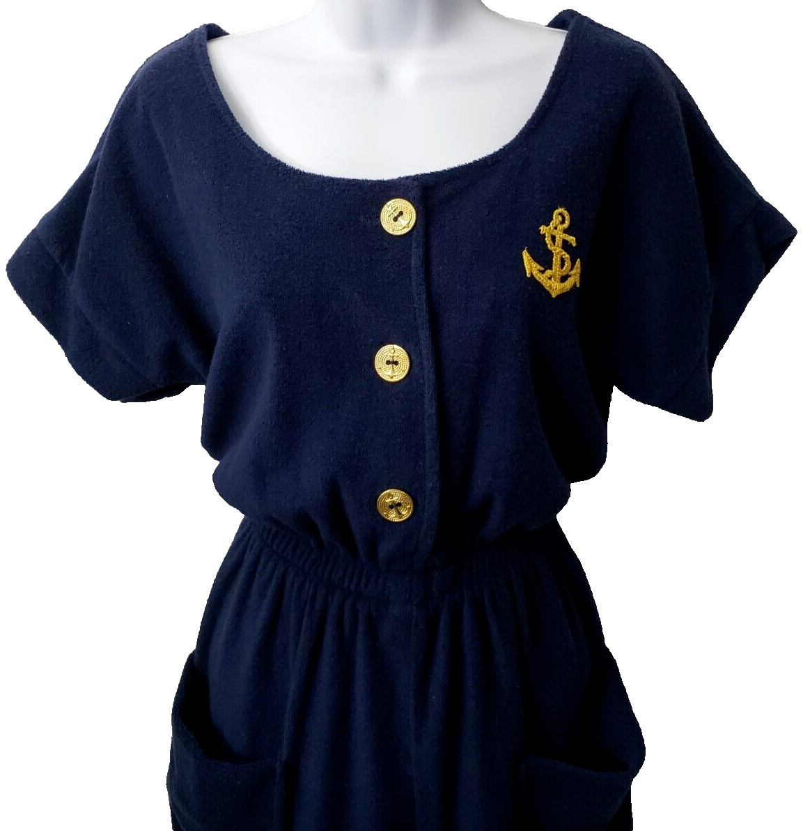 VTG 80s Terry Cloth Playsuit S Romper Navy Anchor Nautical Boating Coastal Beach