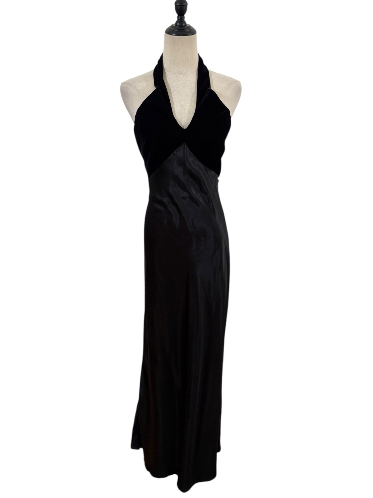 Vtg 90s LA Glo Black Velvet & Satin Halter Slip Maxi Gown Dress Sz 7 Glam Goth