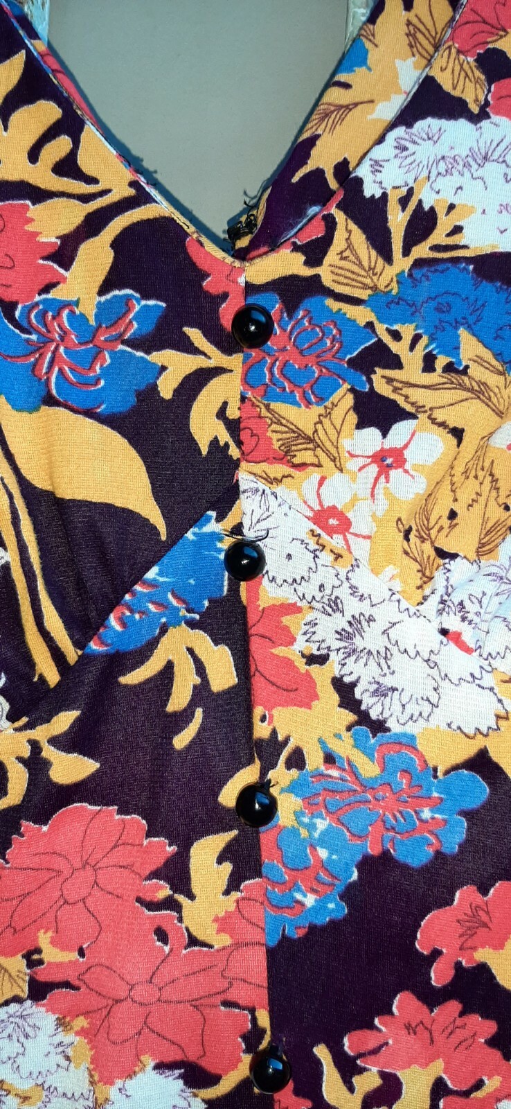 Vintage 70s Womens Dress Maxi Vibrant Florals On Black By Liberty Square S/ M