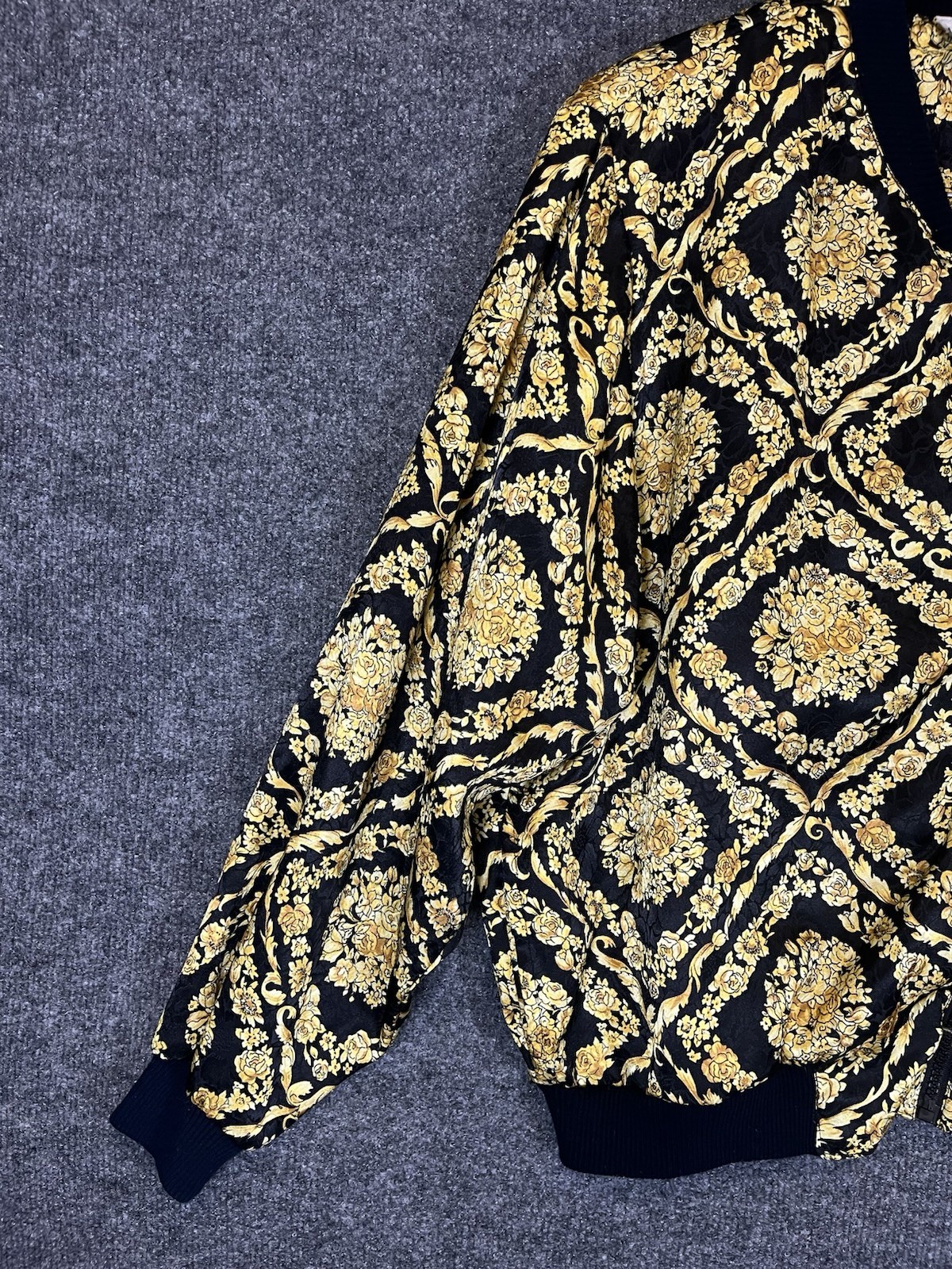 Vintage 80s 90s Papell Too Baroque Gold Floral Bomber Jacket Padded Shoulders