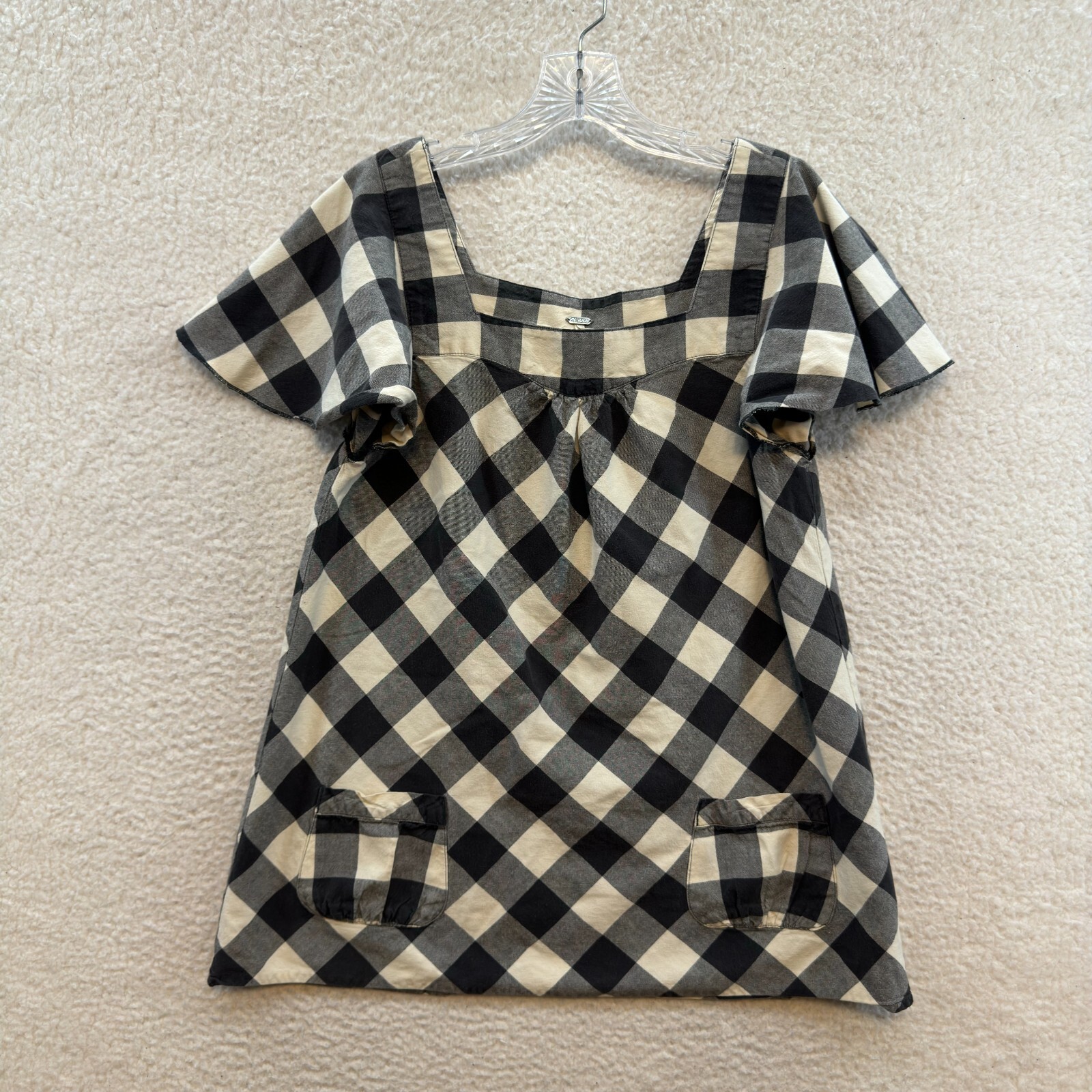 Y2K Vintage Top Large Black Buffalo Checker Peasant Milkmaid Babydoll Pockets