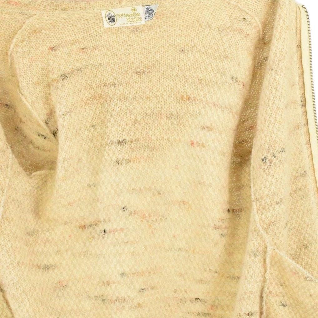 70s Vintage Oatmeal Beige Wool Hoodie Zip Front Sweater M/L Unisex Women Mens