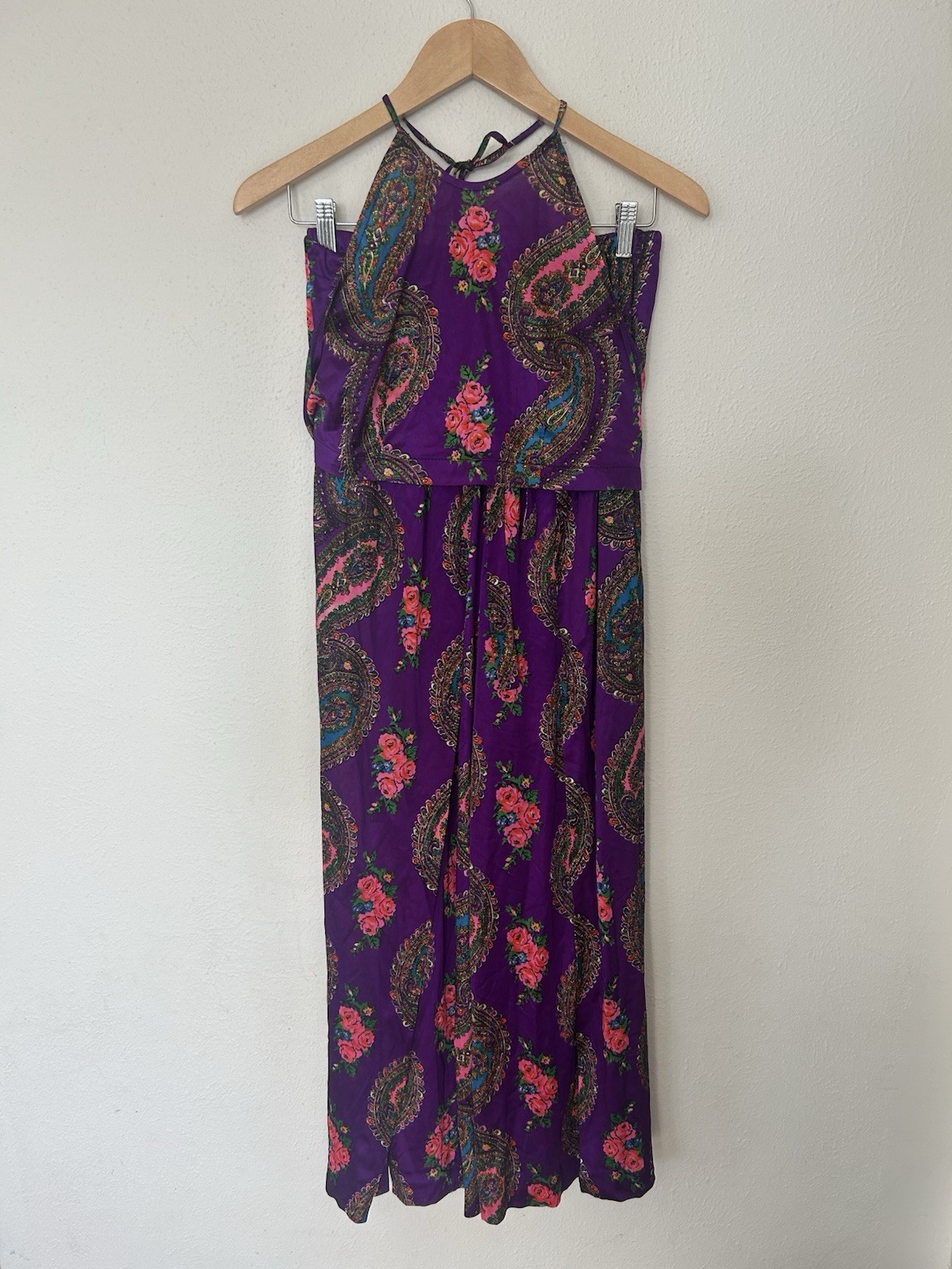 Vintage 1970s 70s Two Piece Set Halter Top Wide Leg Palazzo Pants Paisley Medium