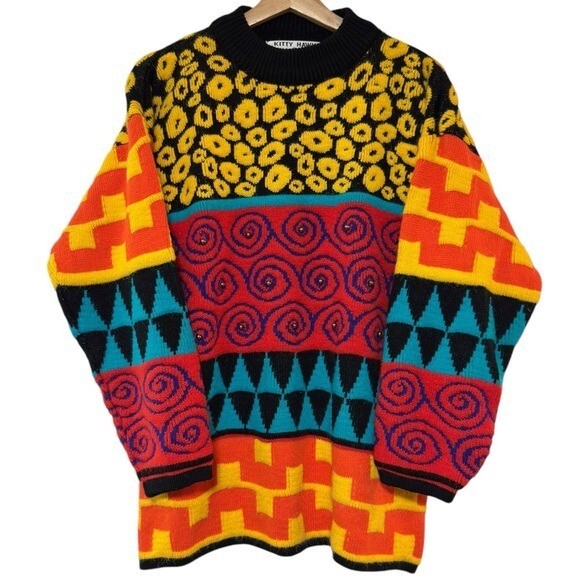Vintage 90s Kitty Hawk Vivian Wang Multicolor Beaded Oversized Grandpa Sweater M