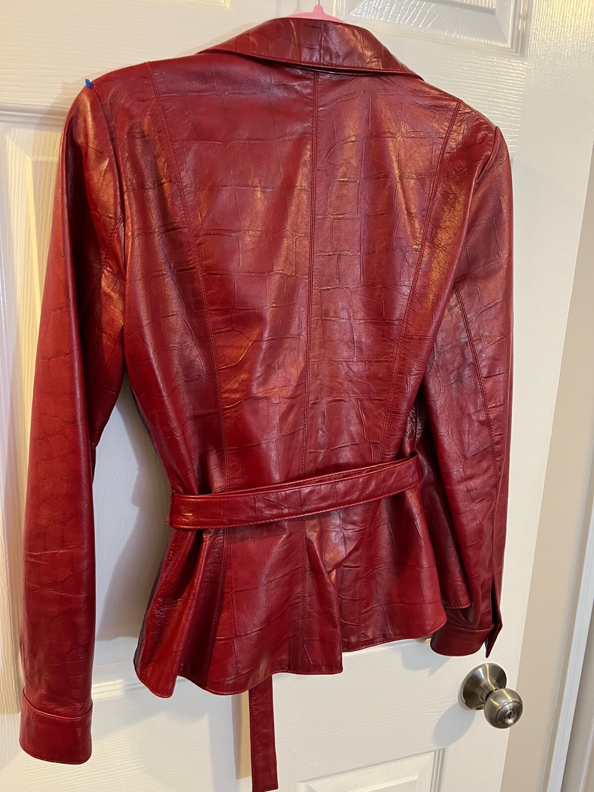 Noviello Bloom Vintage Red Leather Jacket Croc-Embossed Wrap Belt Size 4 Women’s