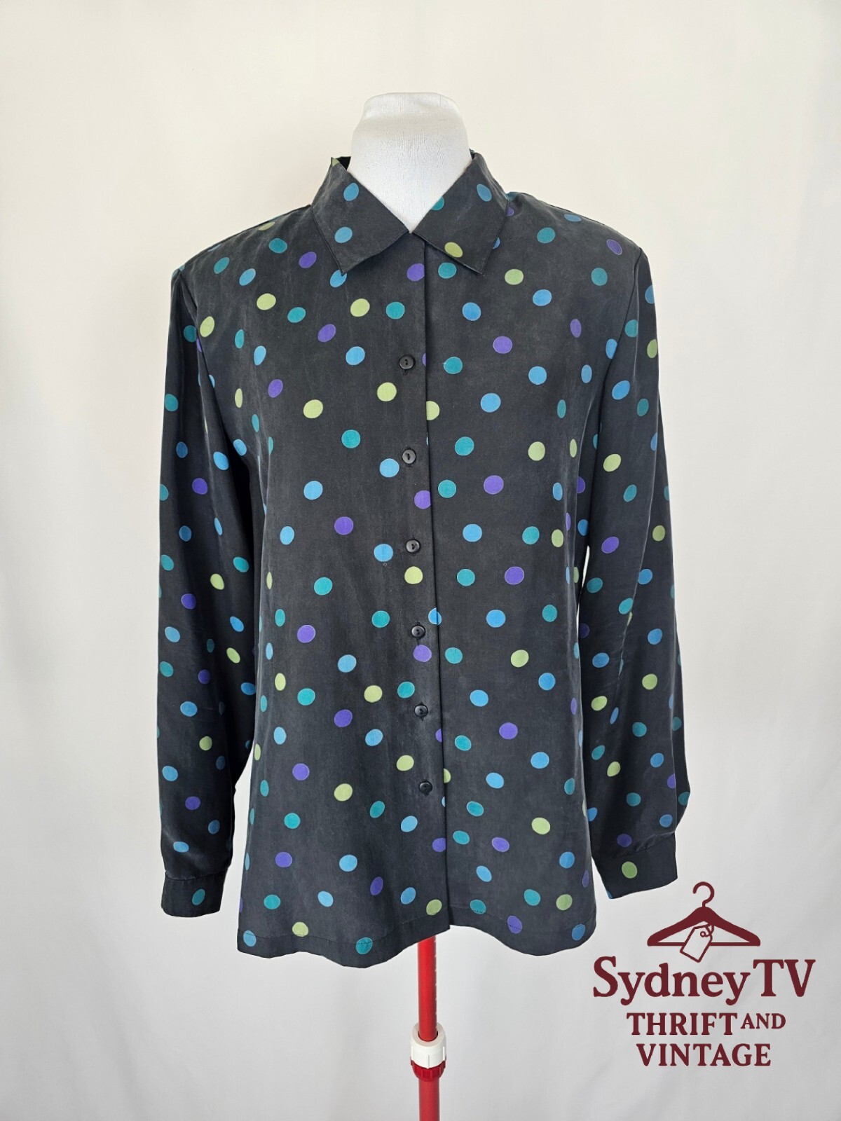 Anna & Frank 90s Vintage Polka Dot Silk Shirt — Size L — Black Multicolor Button