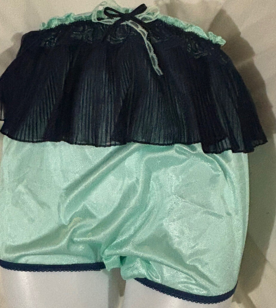 Custom Soft Moss Green Panties W/ Dark Blue Lacy Mini SkirtSz 8 Wide Gusset