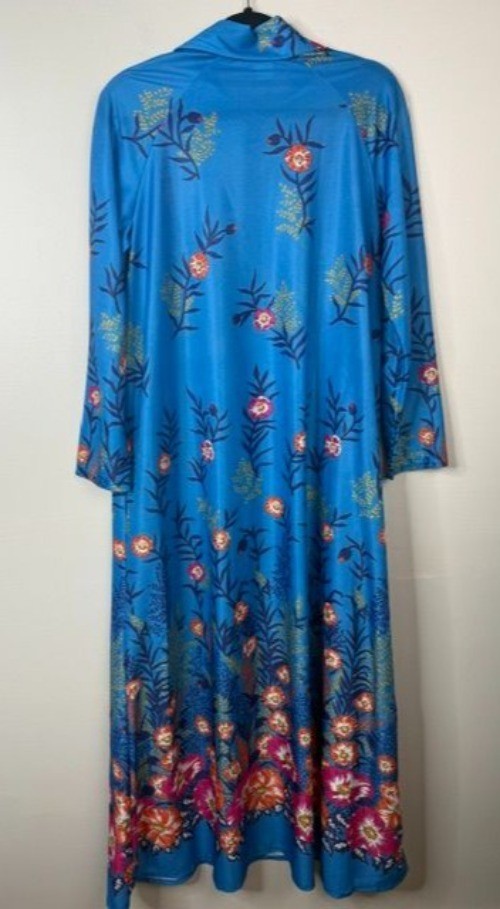 Vintage Elaine Skylar Blue Floral Long Caftan Lounger Half Zip Robe Mumu Dress L