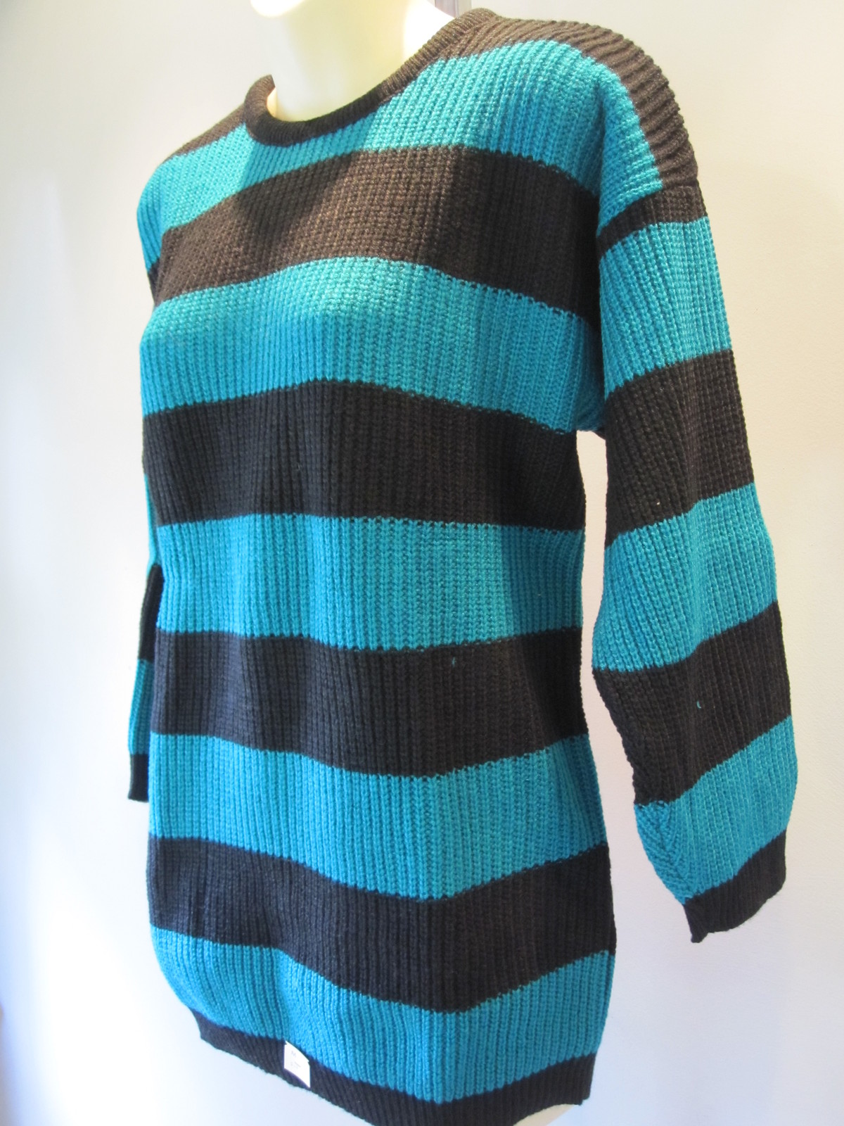 NOS RETRO 80S SWEATER TUNiC TOP 2 TONE EMERALD GREEN BLACK STRiPED VEGAN DiSCO M