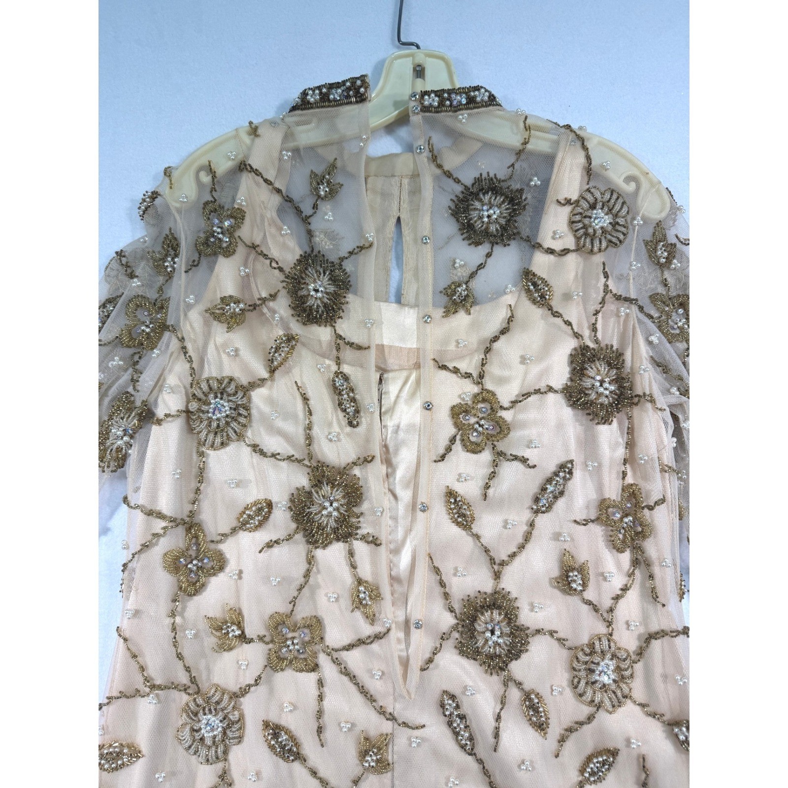 Handmade Vintage Palm Beach Gold Silk Beaded Dress 14 M / L Long Sleeve