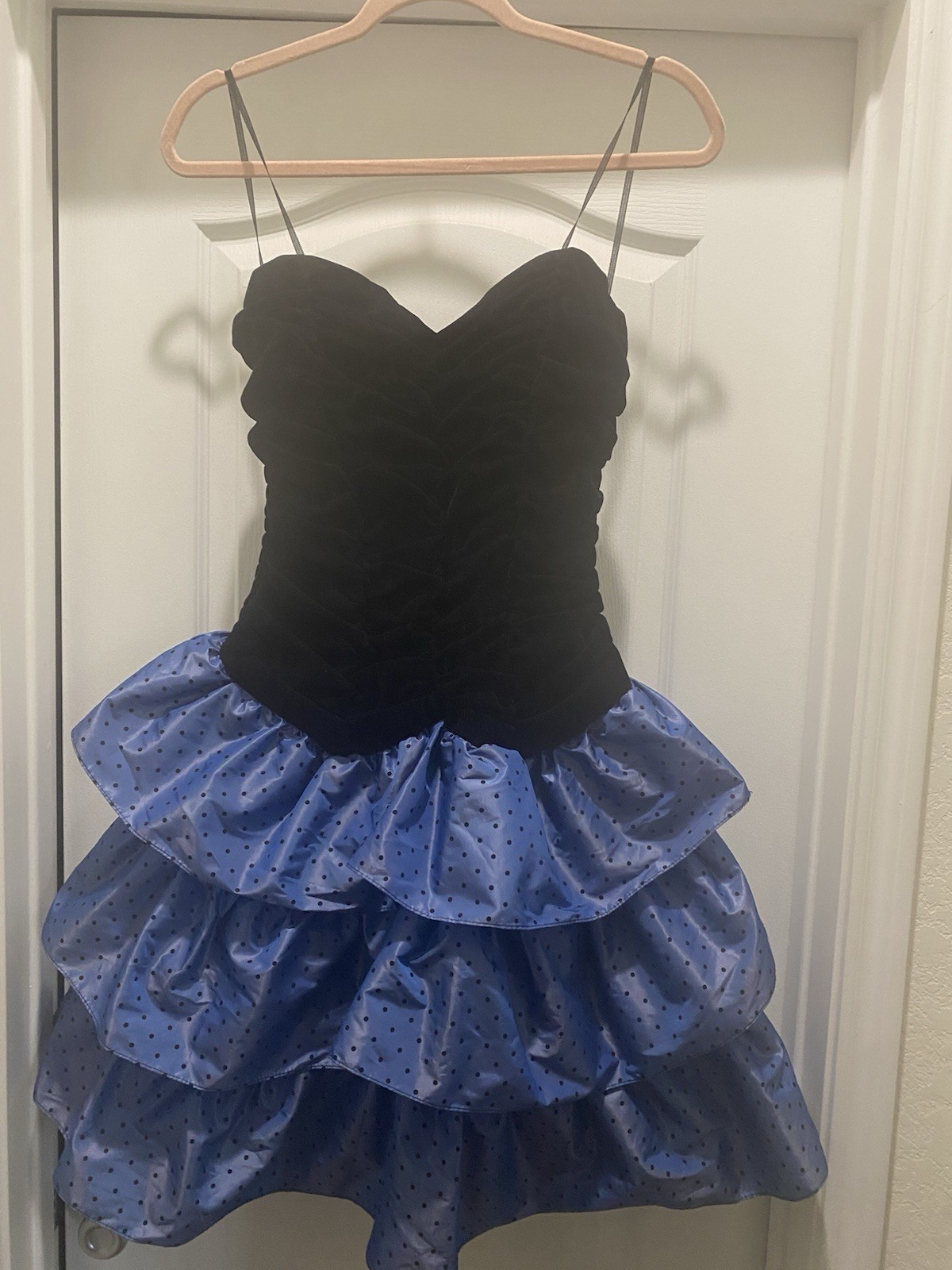 VTG Y2K My Michelle Strapless Black Velvet Bodice Polka Dot Tiered Dress 11/12