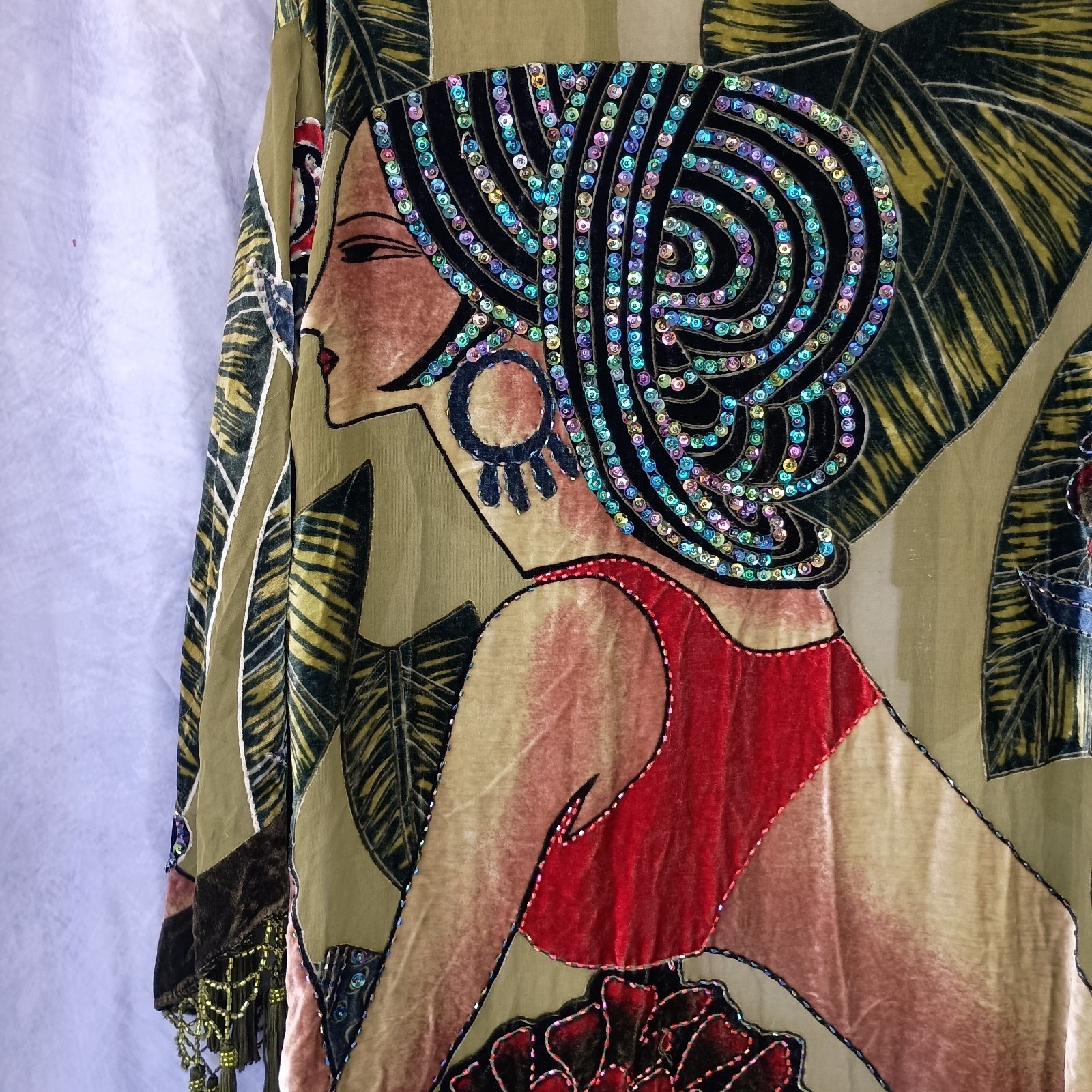 Chico’s Vintage Olive Silk Velvet Burnout Tassel Beaded Kimono