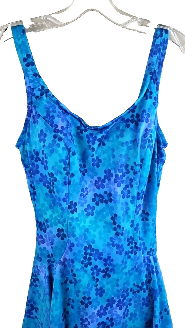 Vintage Maxine Of Hollywood Blue Floral One Piece Swimsuit Skirted Size 14
