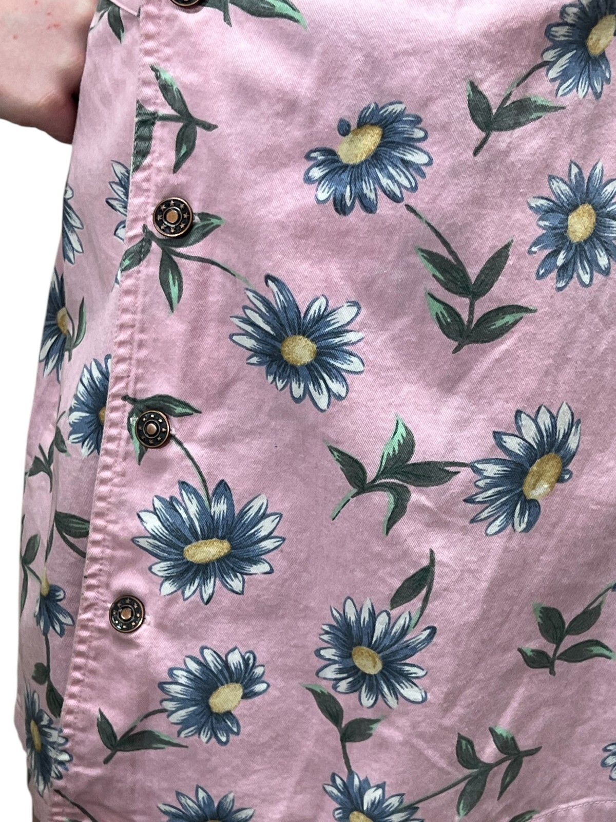 NOS Vtg 80s S/M Bib Pink Denim Skort Suspender Flap Shorts Playsuit Blue Daisies