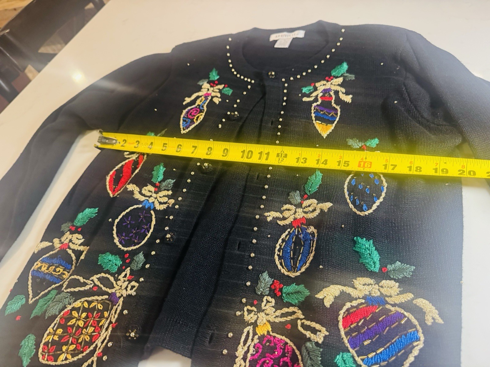 Arriviste Christmas Sweater Women’s M Black Embroidered Ornament Beaded Cardigan