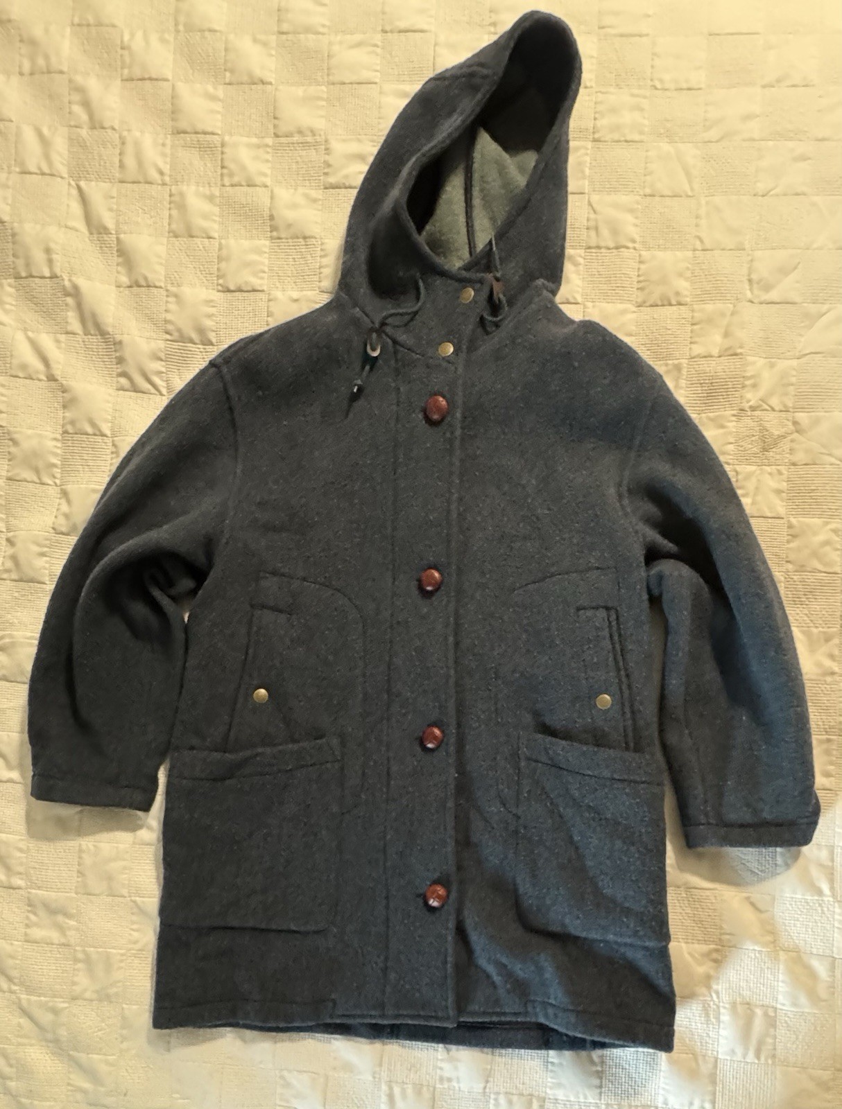 Vtg 90s LL Bean H421 Duffle Coat Wool USA Made Blue Wood Buttons Womans Large