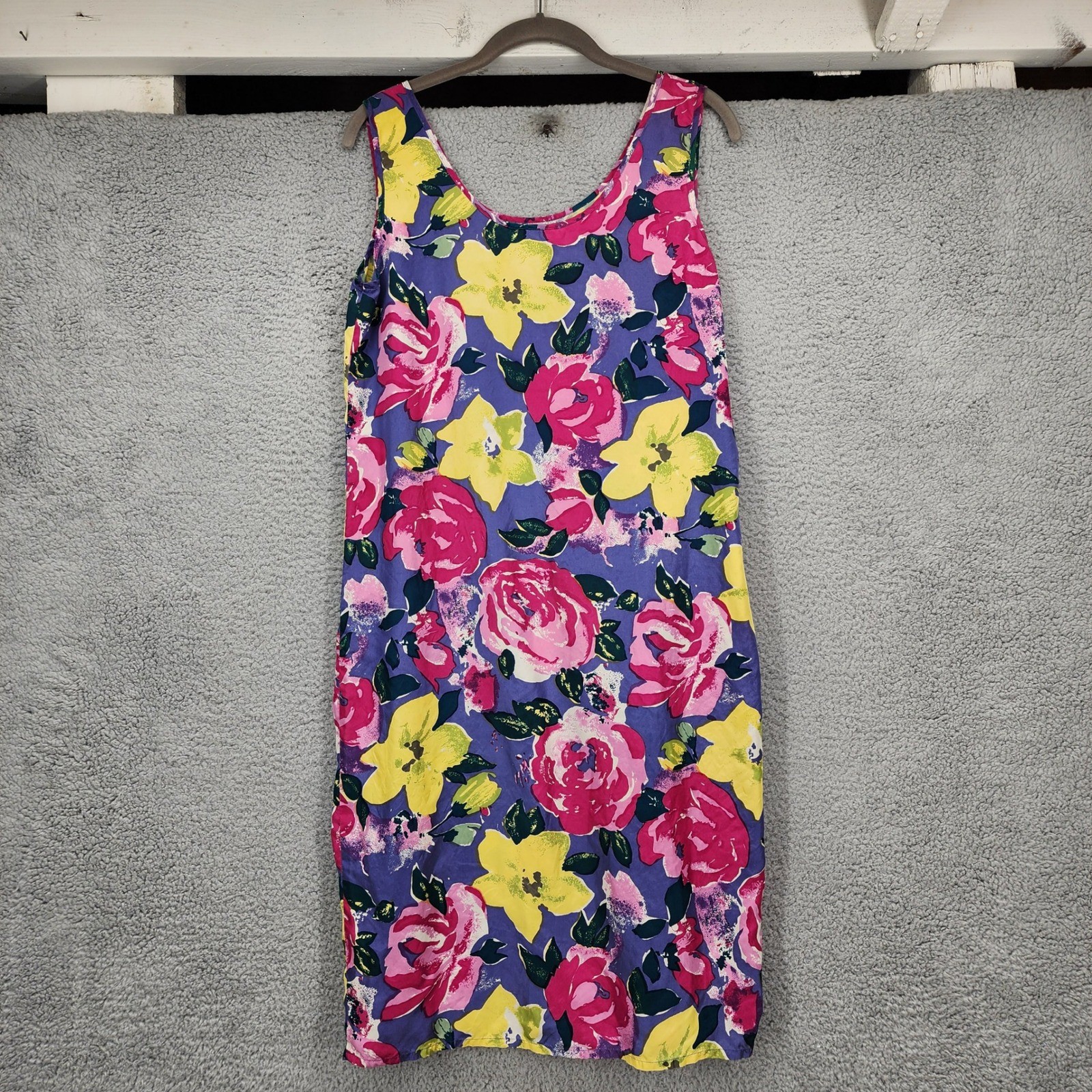 Vintage GS International Purple Floral 100% Silk Sleeveless Shift Dress 7/8